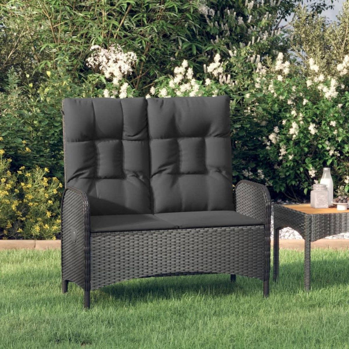 VIDAXL Banc de jardin inclinable avec coussins 107 cm Poly rotin Noir