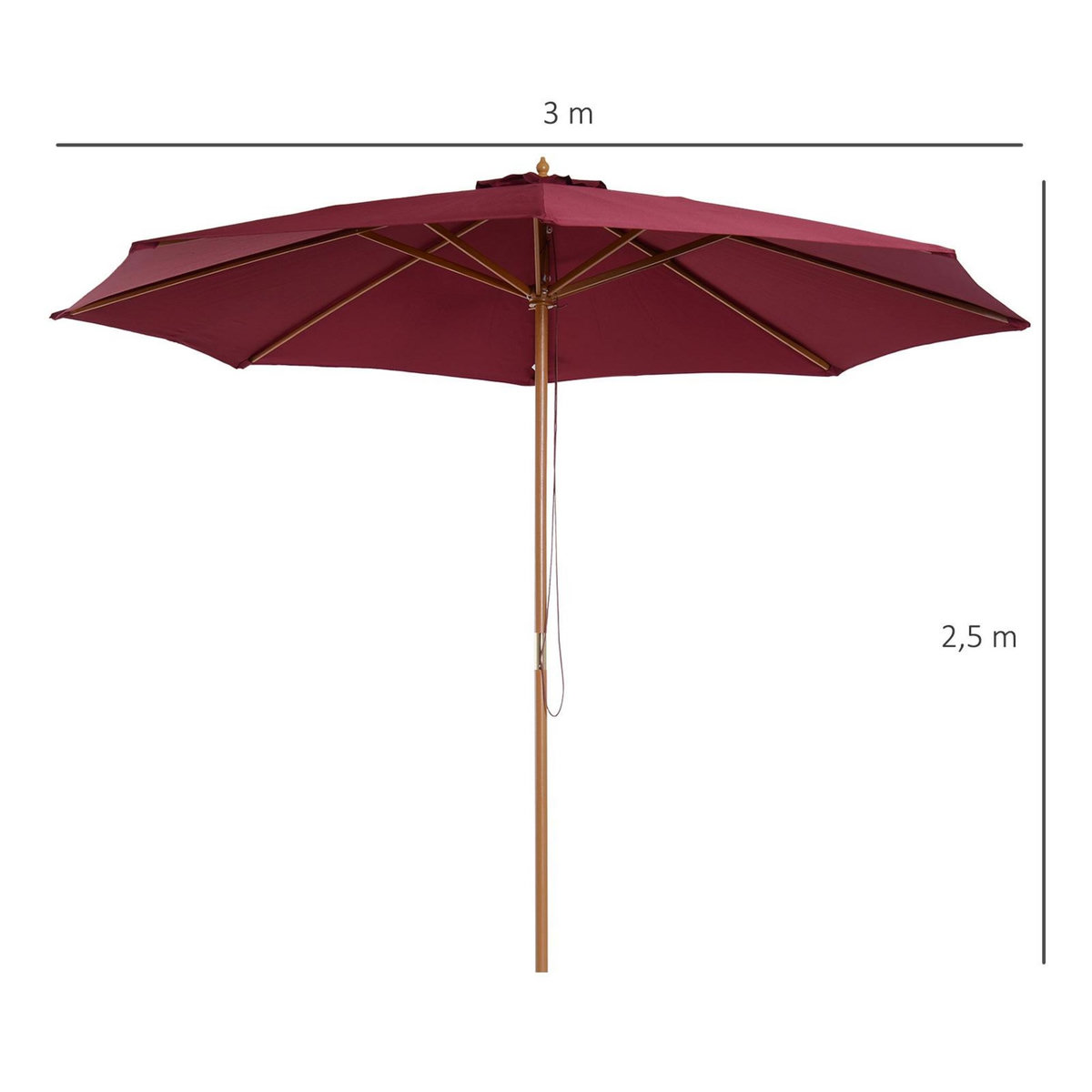 OUTSUNNY Outsunny Parasol droit en bois polyester haute densité protection solaire Ø 3 x 2,5 m rouge