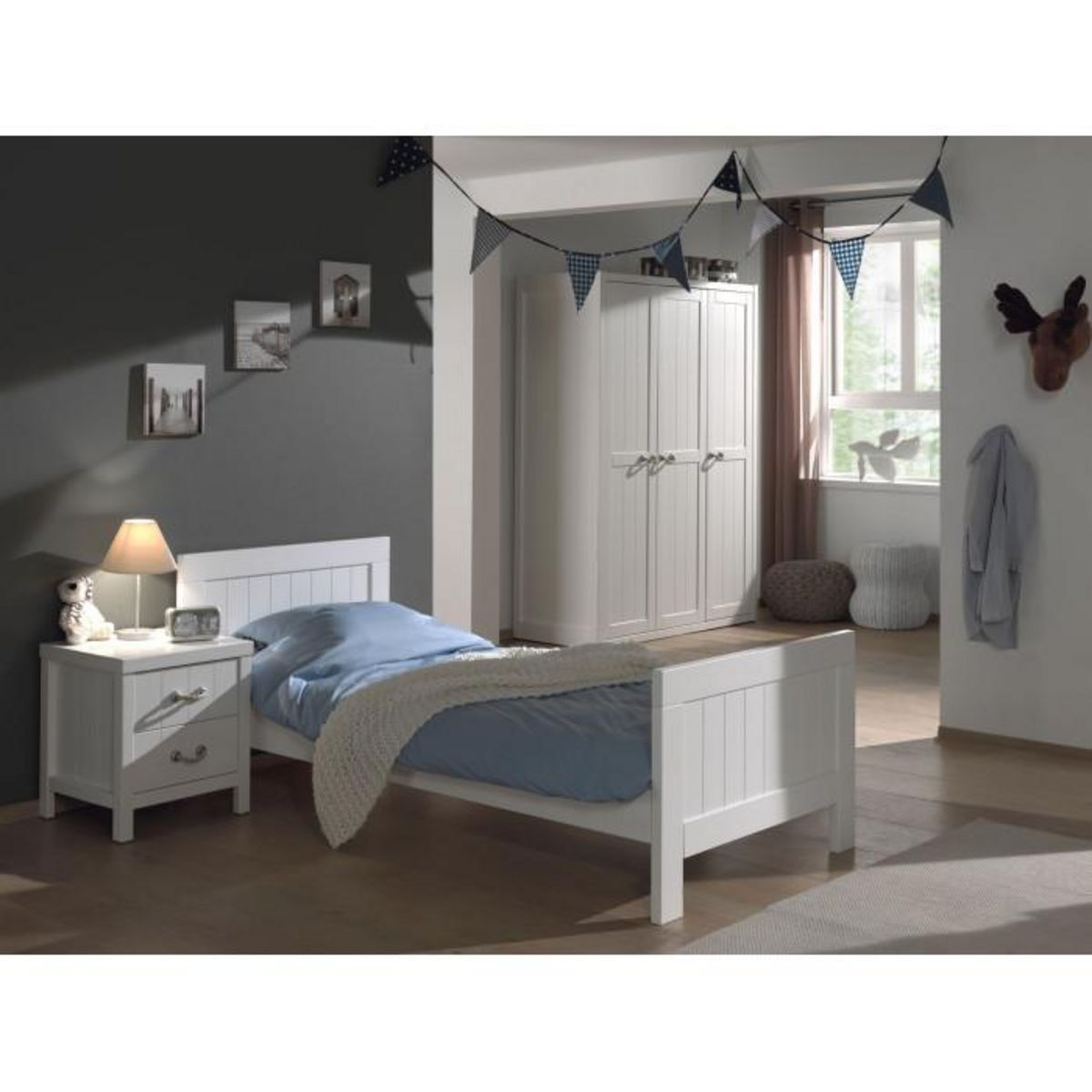 Paris Prix Pack - Lit Enfant, Sommier, Chevet & Armoire  Lewis II  90x200cm Blanc