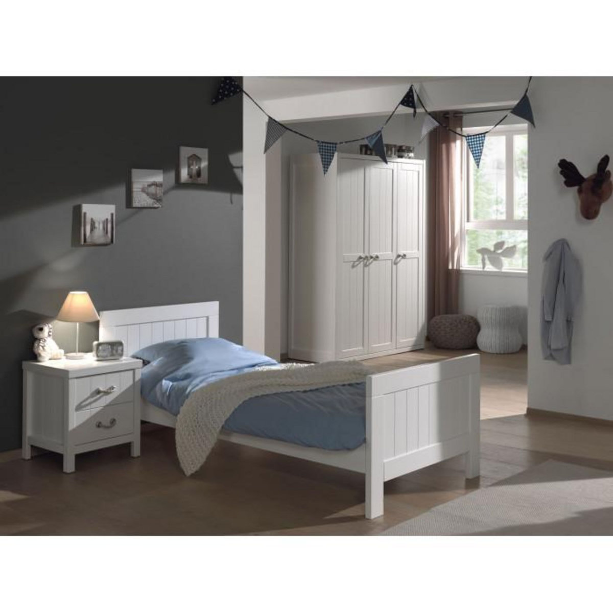 Paris Prix Pack - Lit Enfant, Sommier, Chevet & Armoire  Lewis II  90x200cm Blanc