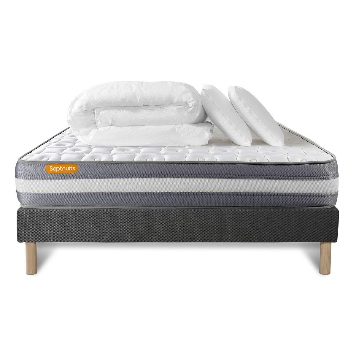 SEPTNUITS PACK matelas + sommier gris Memo Plus Mémoire de forme 3 zones + 2 oreillers + couette