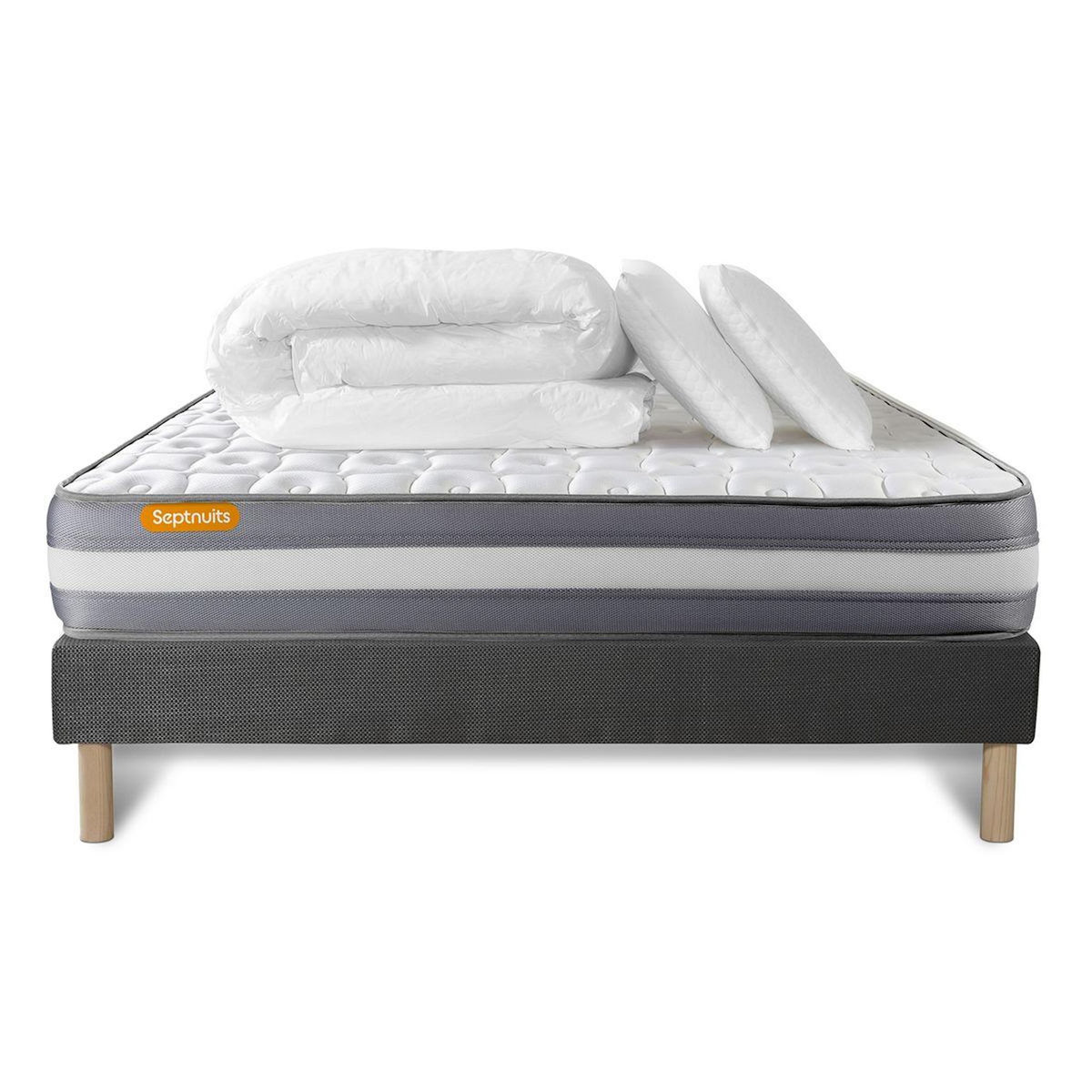 SEPTNUITS PACK matelas + sommier gris Memo Plus Mémoire de forme 3 zones + 2 oreillers + couette