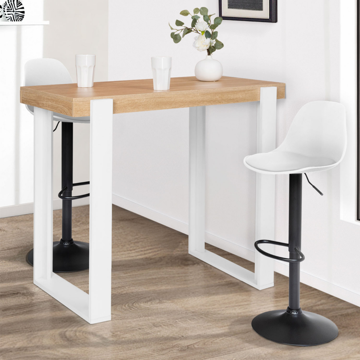 ID MARKET Table haute de bar PHOENIX bois et blanc 113 cm