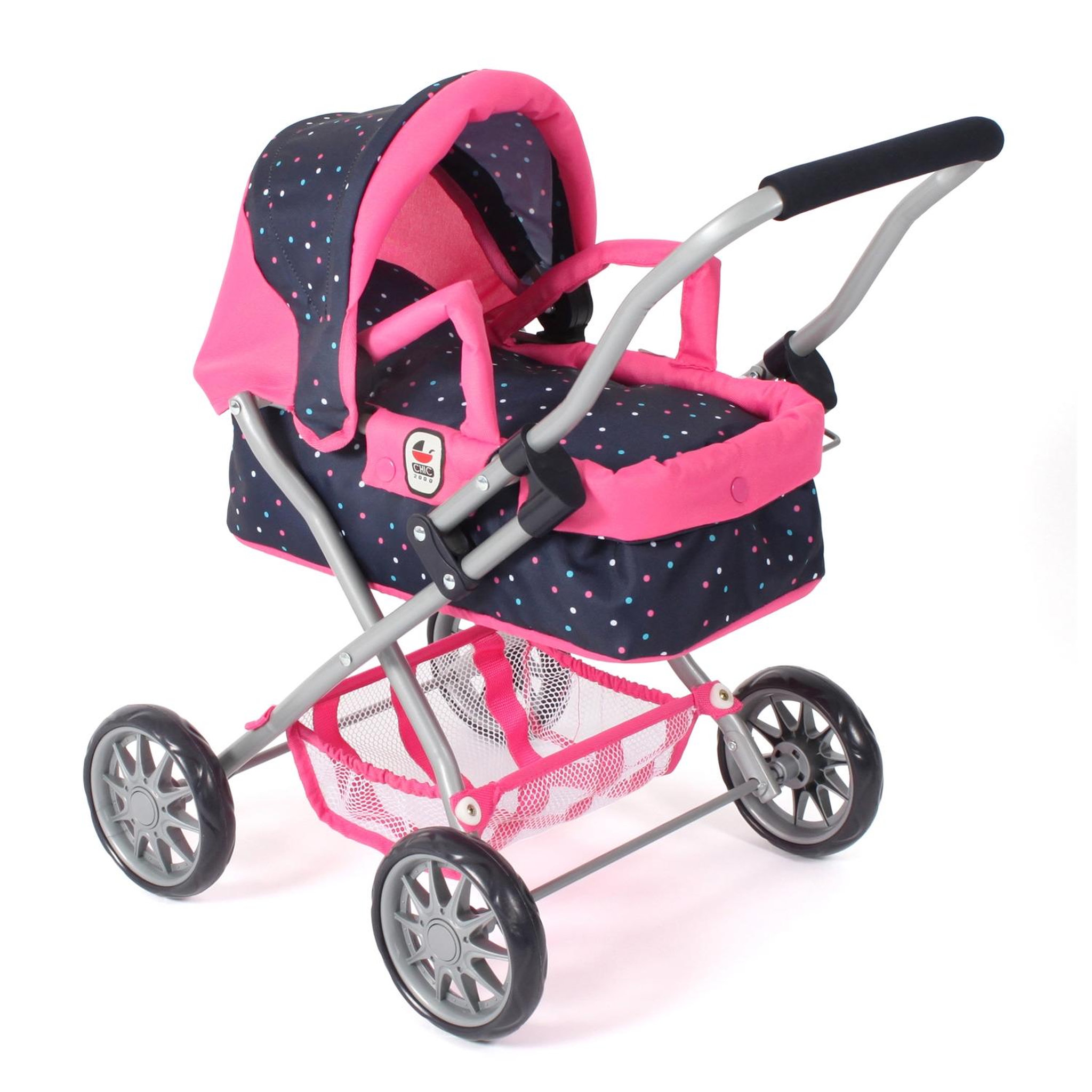 BAYER CHIC 2000 Poussette pour poupée SMARTY Rose bleu marine avec pois
