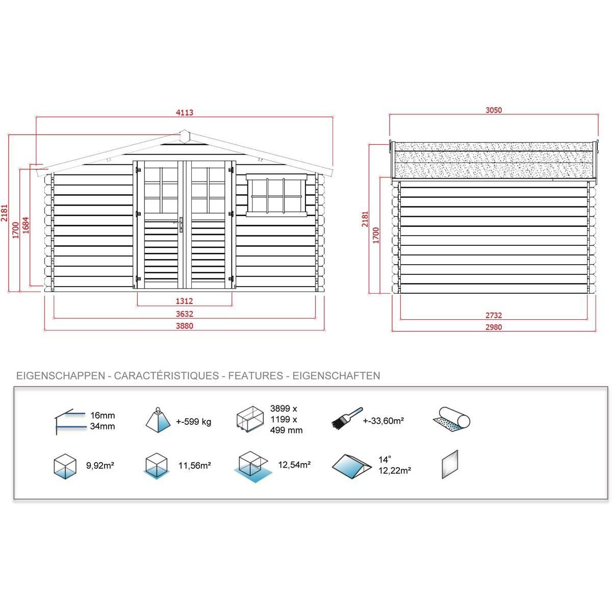 Habitat et Jardin Abri de jardin - 12.54 m² - 4.13 x 3.05 x 2.18 m - 34 mm.