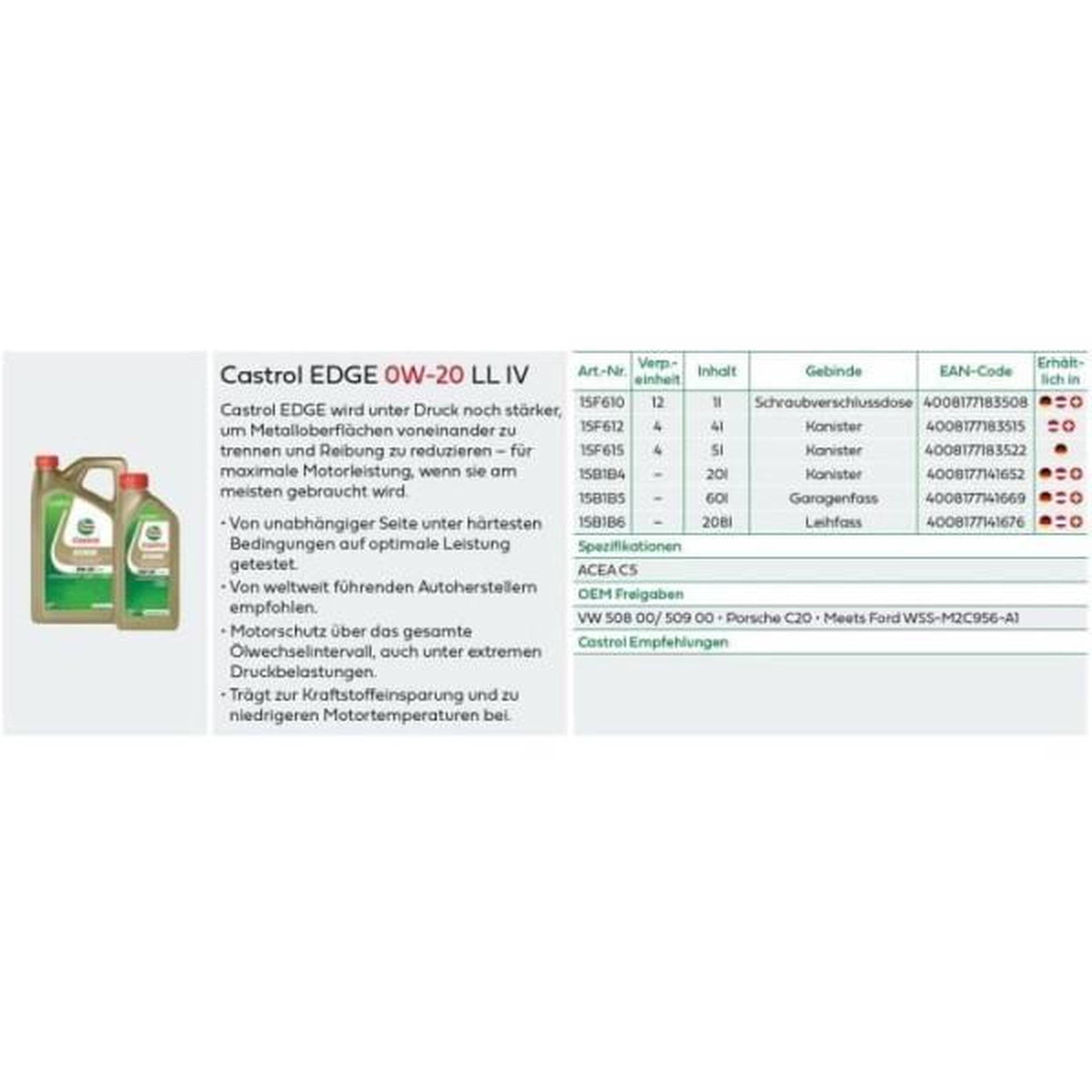 Voir la diapositive 3 : CASTROL Huile moteur - CASTROL - EDGE 0W-20 LL IV - 1L