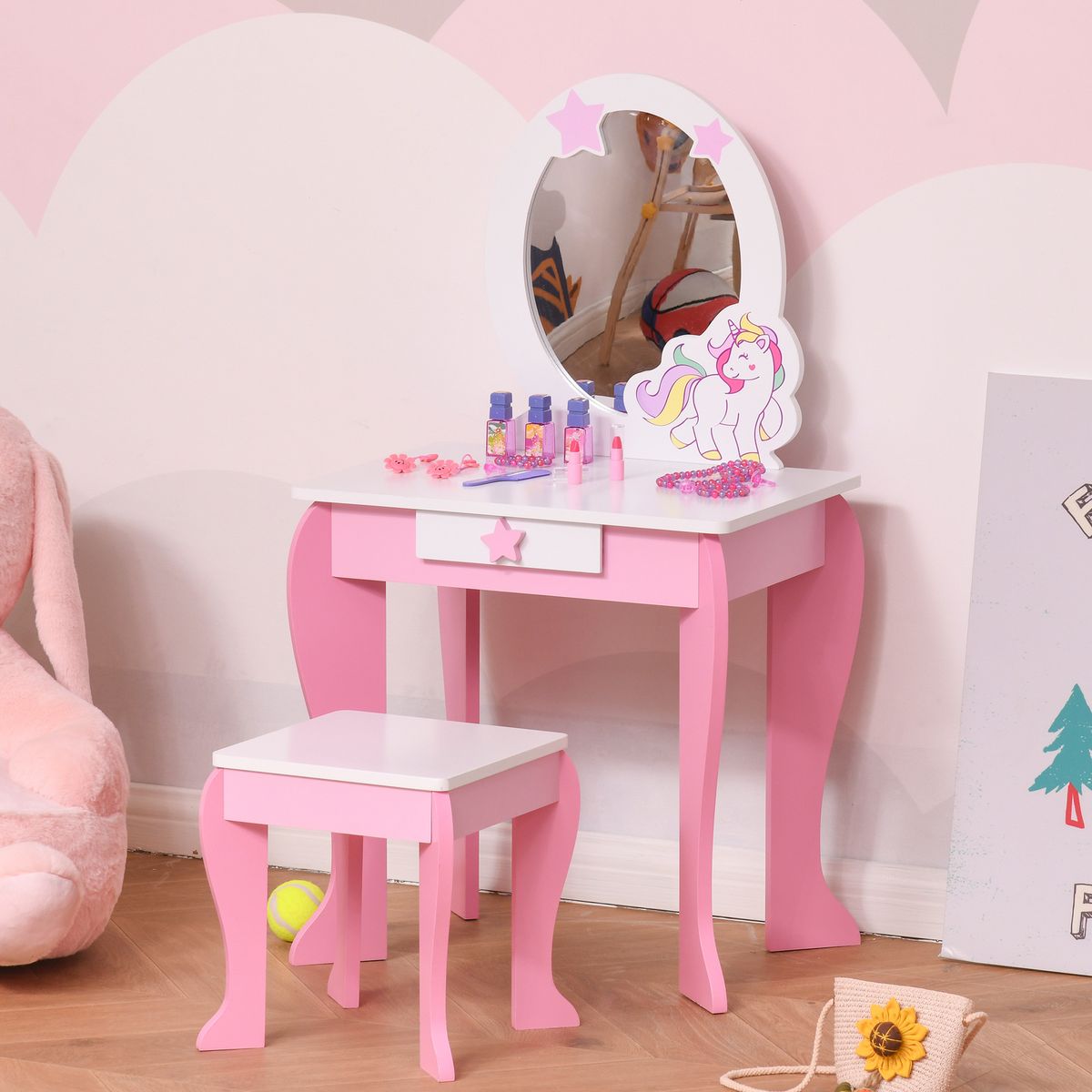 HOMCOM Coiffeuse enfant design licorne - tabouret inclus - dim. 49L x 34l x 90H cm - tiroir, miroir - MDF - rose blanc