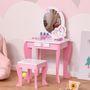 Voir la diapositive 2 : HOMCOM Coiffeuse enfant design licorne - tabouret inclus - dim. 49L x 34l x 90H cm - tiroir, miroir - MDF - rose blanc