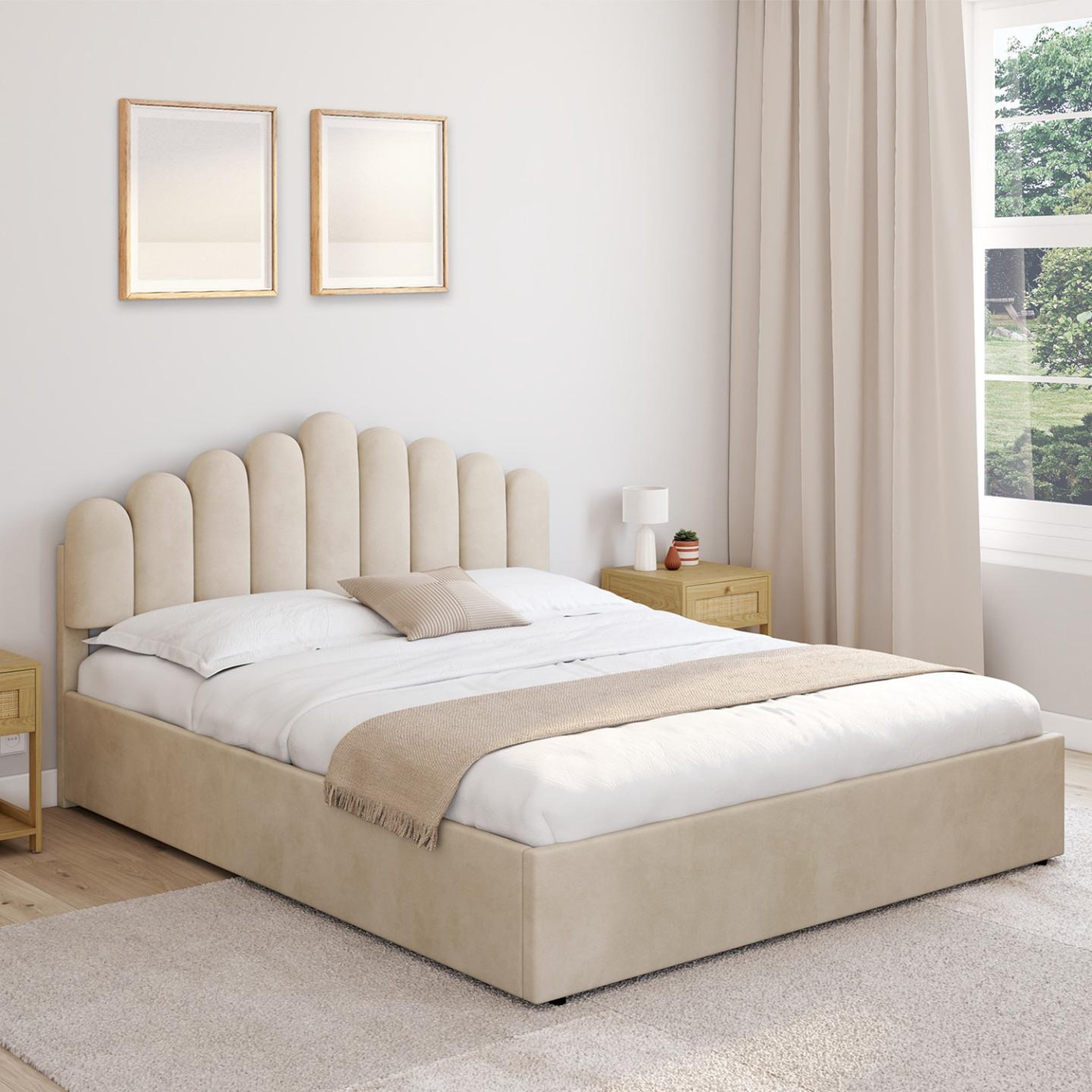 Voir la diapositive 4 : ID MARKET Lit coffre double noelie avec tête de lit et sommier 160 x 200 cm velours beige