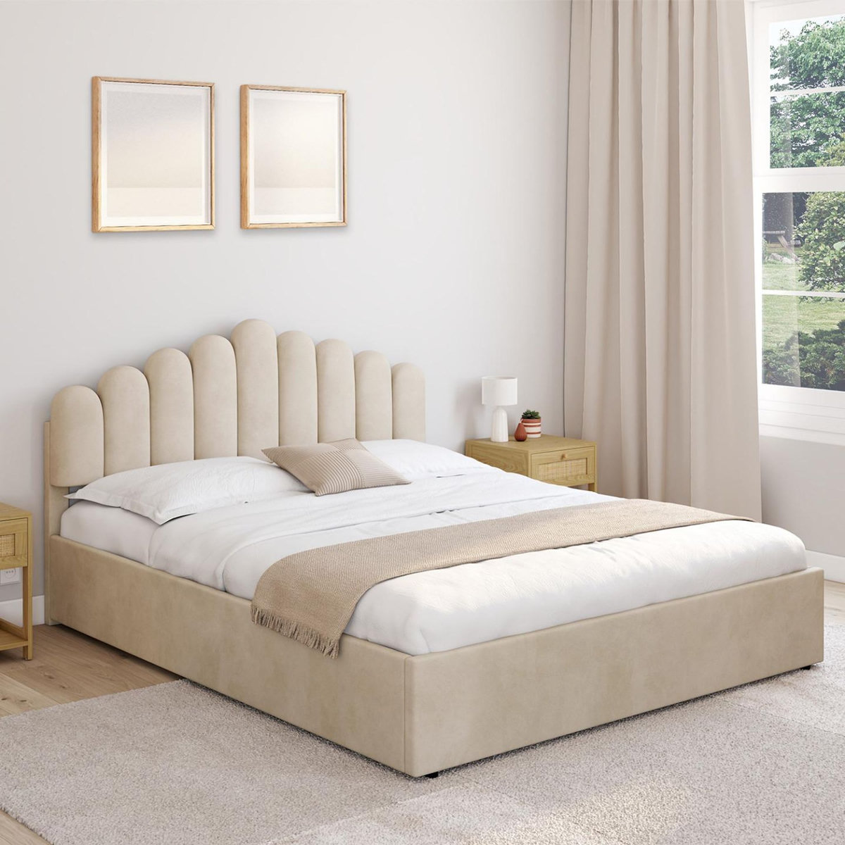 ID MARKET Lit coffre double NOELIE avec tête de lit et sommier 160 x 200 cm velours beige