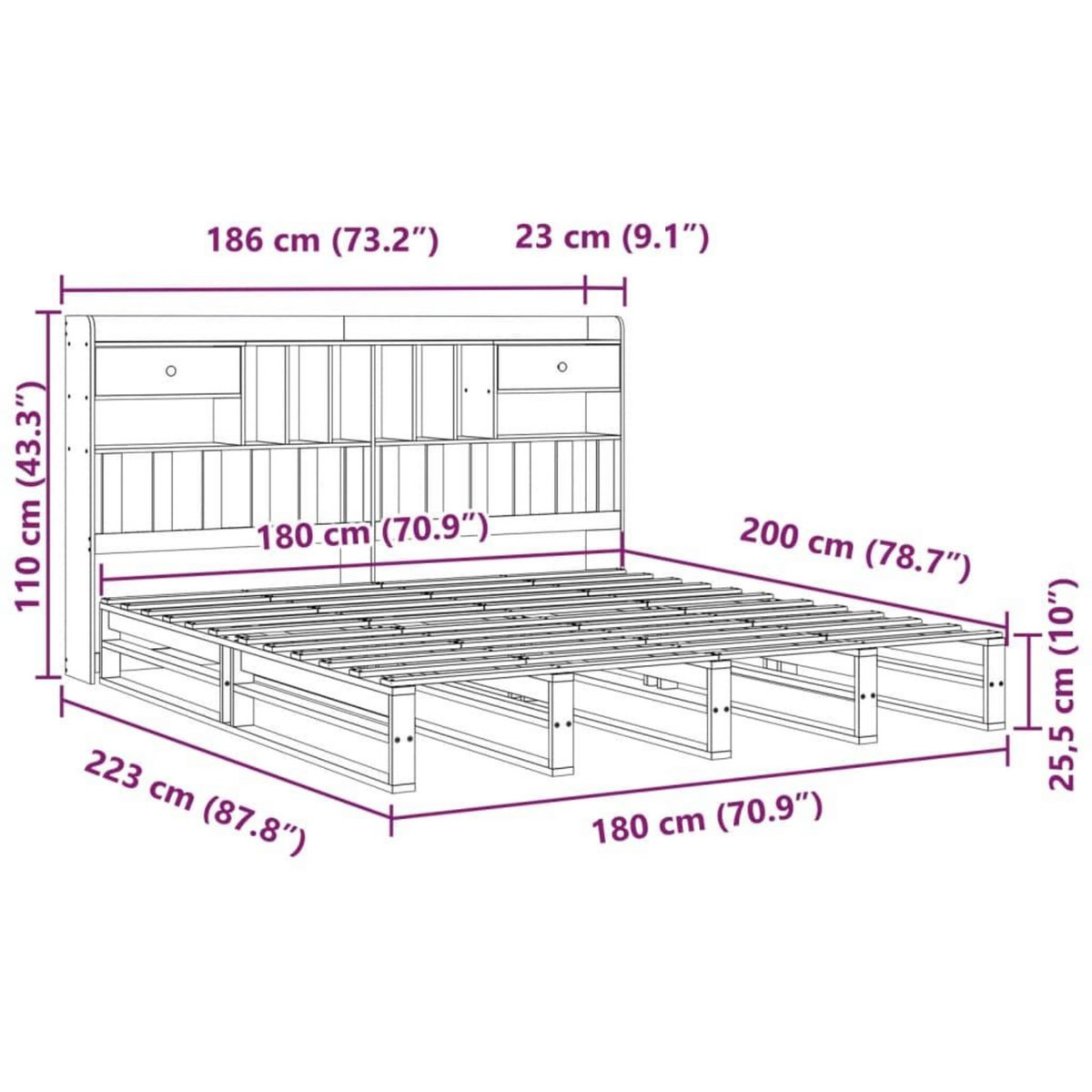VIDAXL Lit bibliotheque sans matelas 180x200 cm bois massif de pin