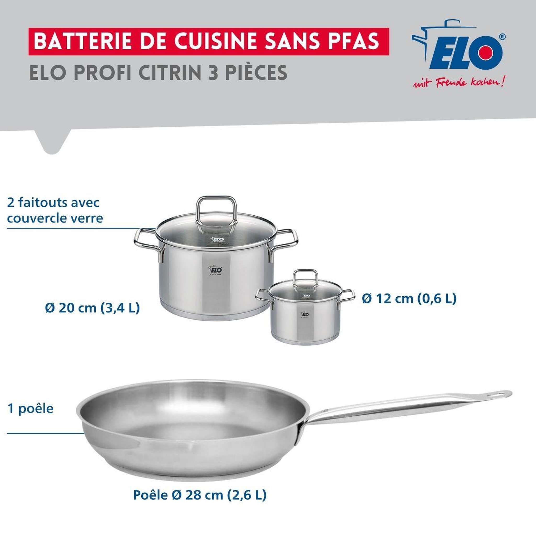 Voir la diapositive 2 : ELO Ensemble de 1 poêle de cuisson 28 cm et 2 faitouts 12 et 20 cm elo profi citrin