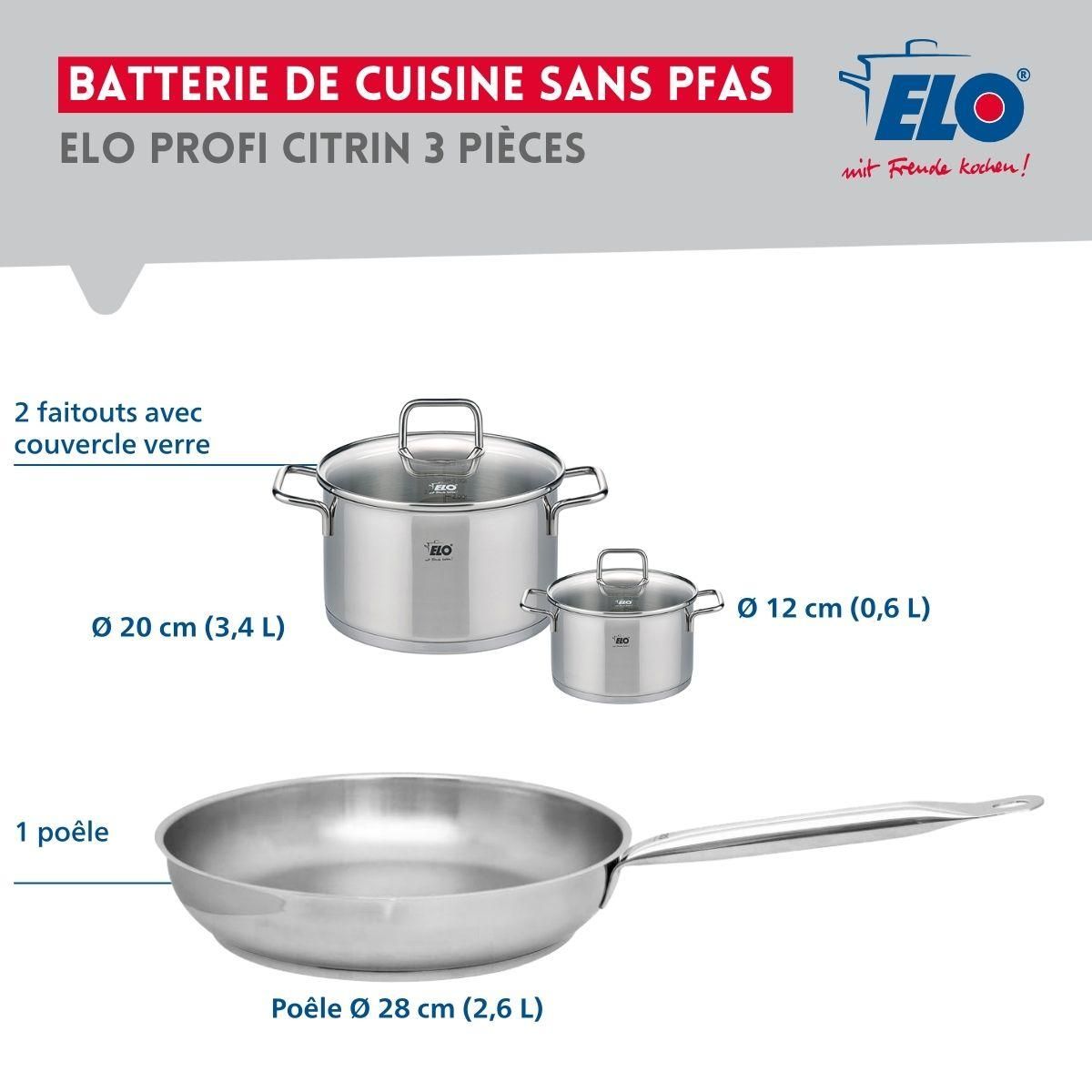 ELO Ensemble de 1 Poêle de cuisson 28 cm et 2 faitouts 12 et 20 cm Elo Profi Citrin