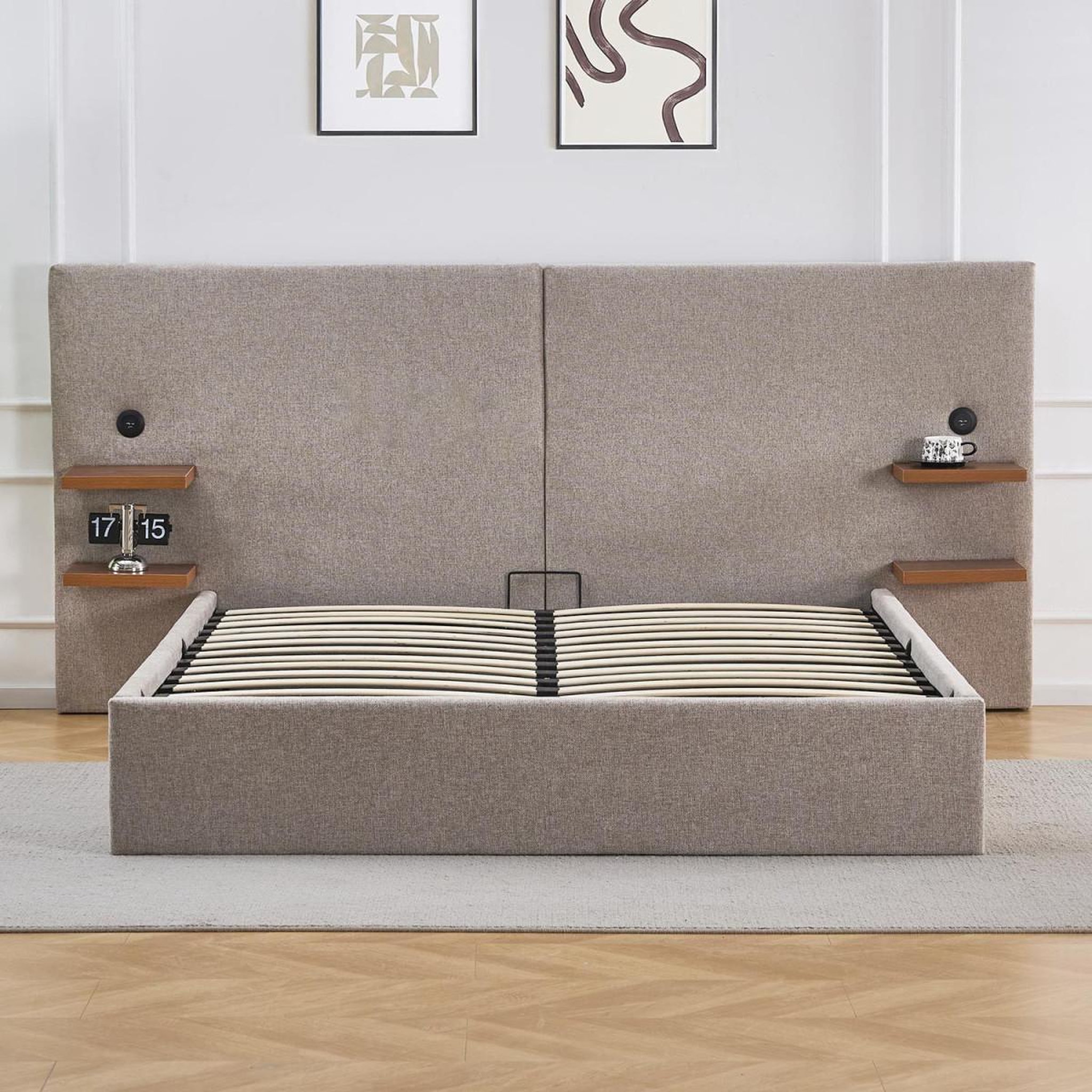 Voir la diapositive 2 : Paris Prix Lit coffre avec tablettes & usb  mike  160x200cm taupe