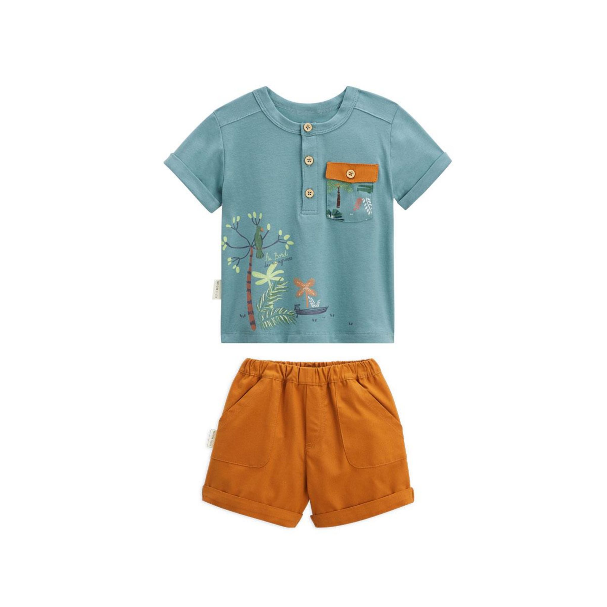 Ensemble Bébé Petit Béguin - T-shirt Et Short Zeste D'amour Avec Chien Oreilles Relief, Matière Gaufrée Douce