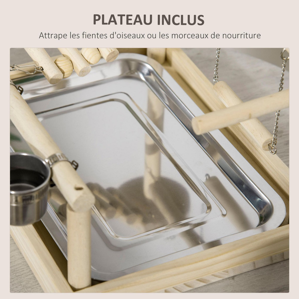 PAWHUT Aire de jeu perchoir pour perroquets, perruches - passerelle, grelot, balançoire, 2 bols, plateau excrément - acier inox. bois de pin