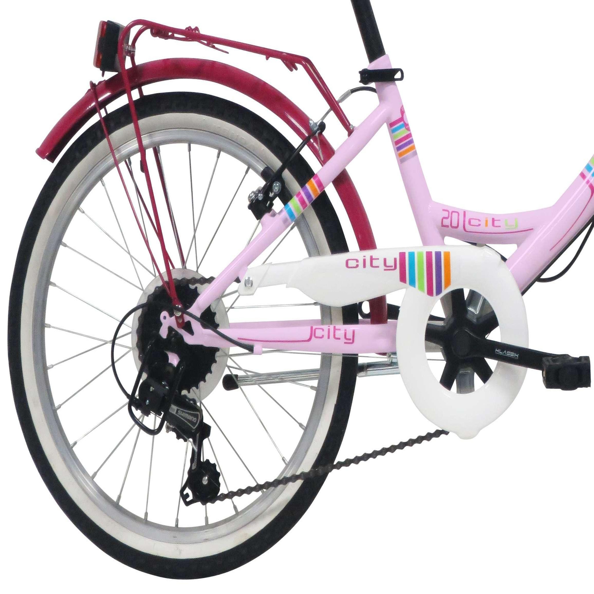 Voir la diapositive 2 : Vélo enfant - VTC 20'' Rigide Fille - Cadre acier - Modèle Ville  - 6 vitesses - Dérailleur Shimano - Freins V-Brake - Equipé City