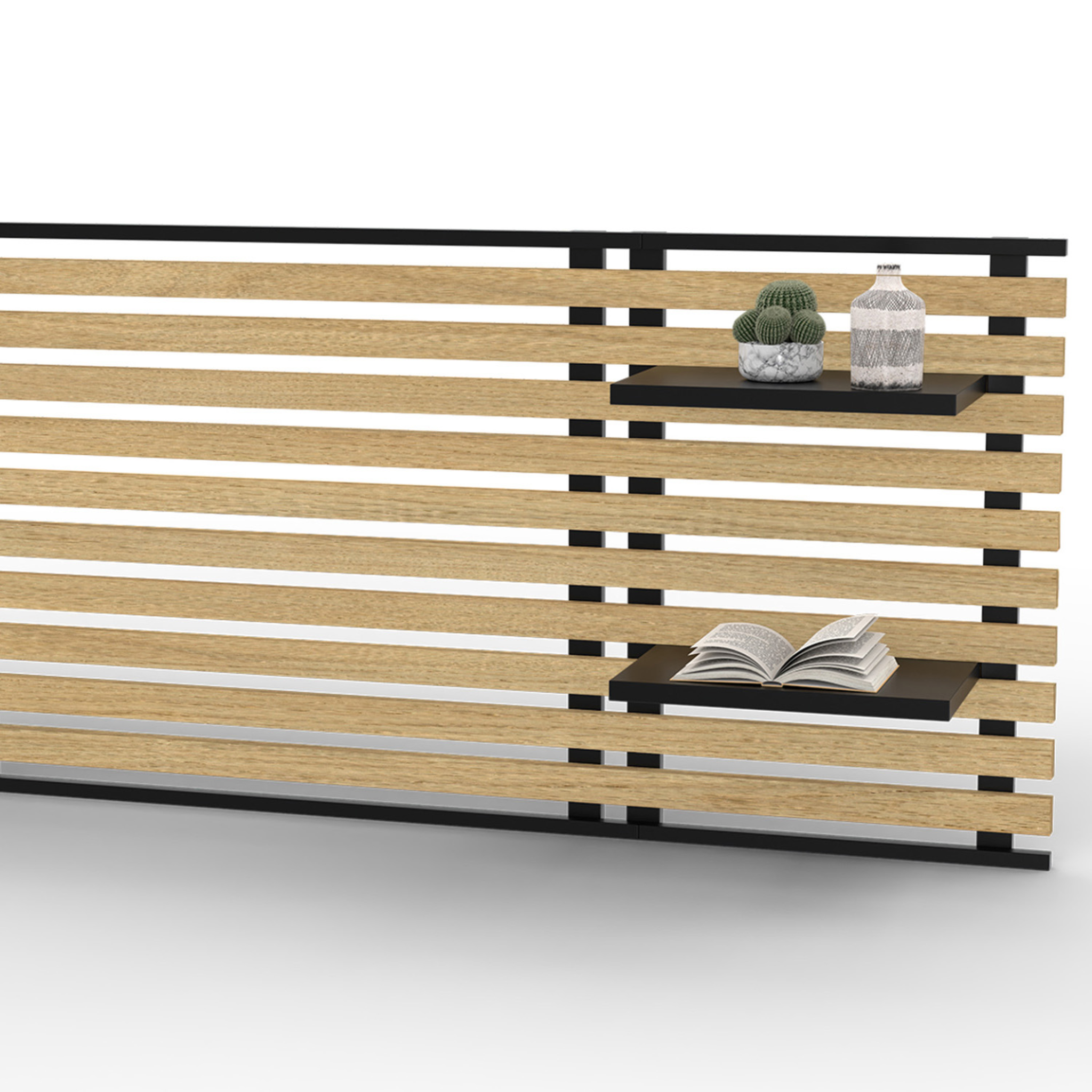 Voir la diapositive 5 : ID MARKET Tête de lit suspendue en lattes detroit 240 cm bois et métal noir avec étagères design industriel