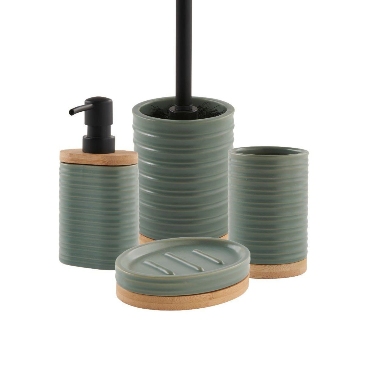 GUY LEVASSEUR Set salle de bain strié 4 pièces céramique vert sauge