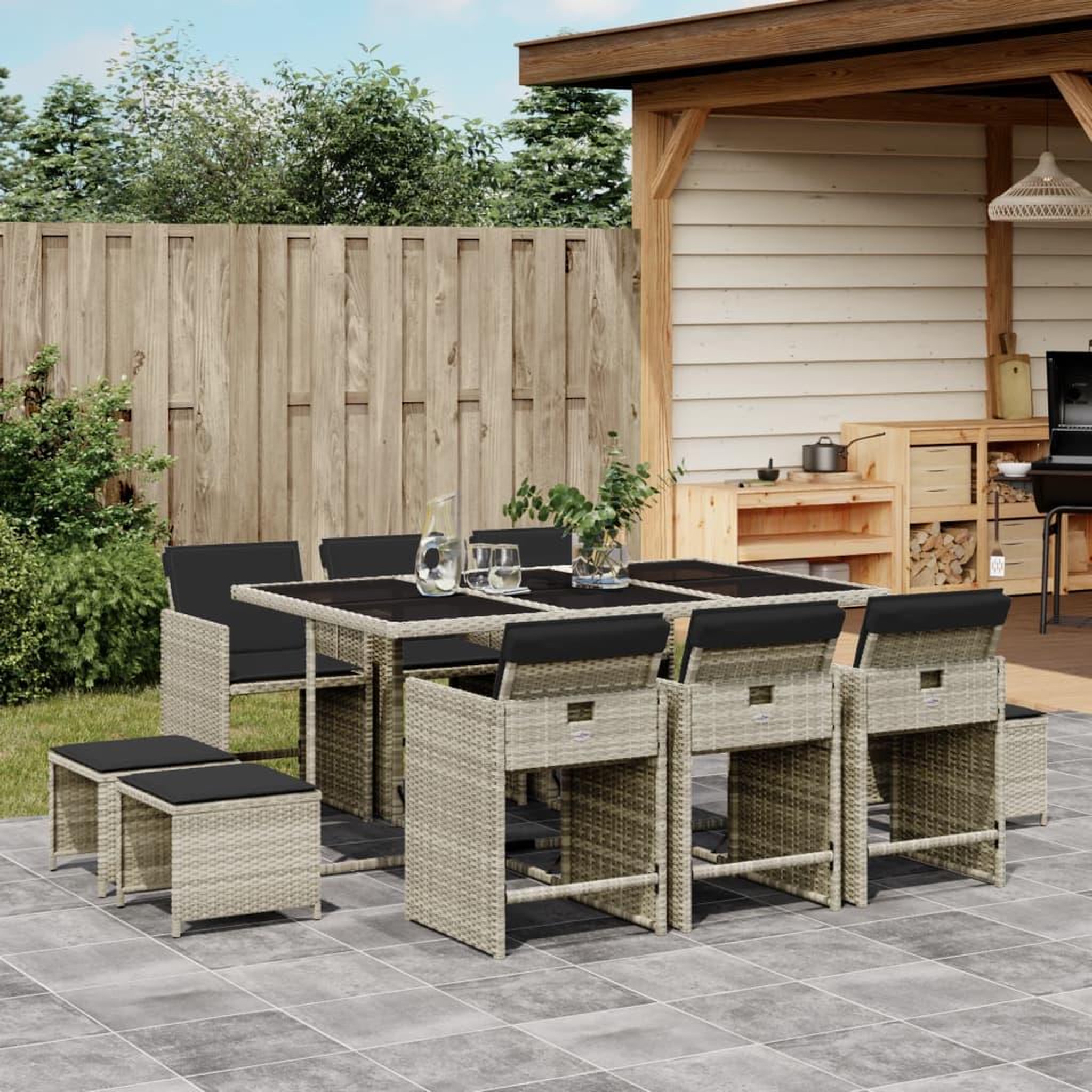 VIDAXL Ensemble a manger de jardin 11pcs avec coussins gris poly rotin