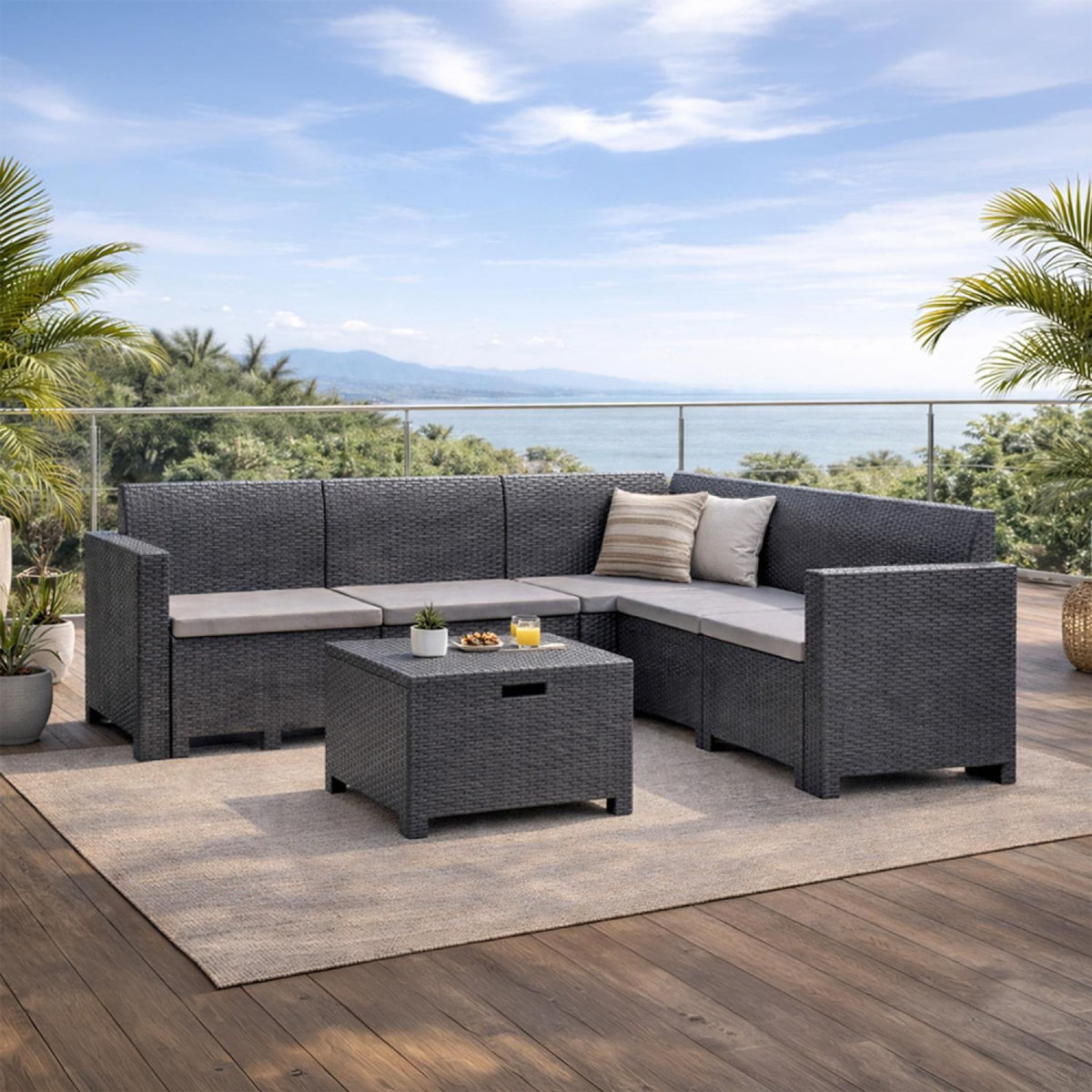 CONCEPT USINE Salon de jardin 4-5 places effet résine tressée gris anthracite avec table basse ISPARTA