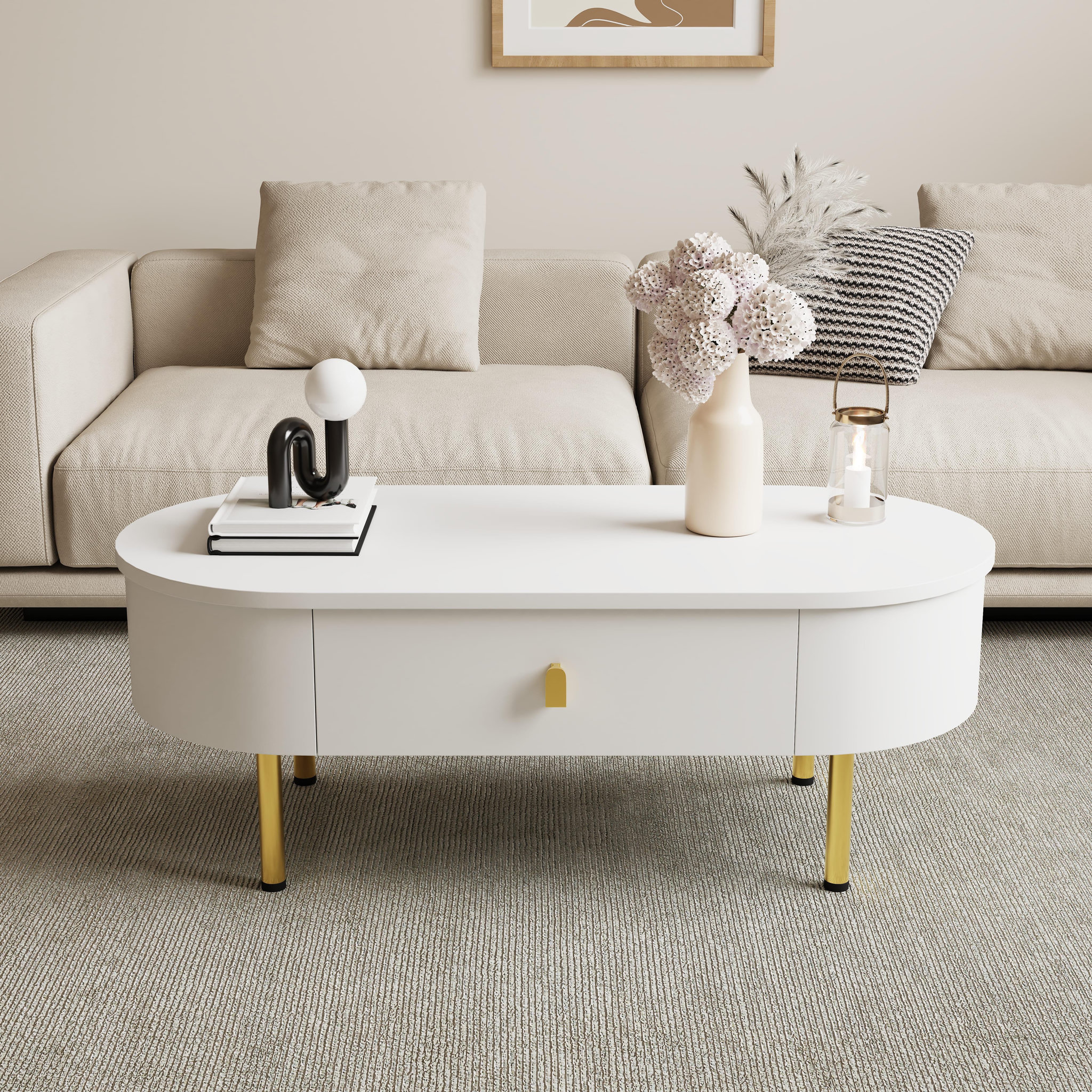 Voir la diapositive 2 : MERAX Table Basse Ovale Avec 2 Tiroirs Blanc
