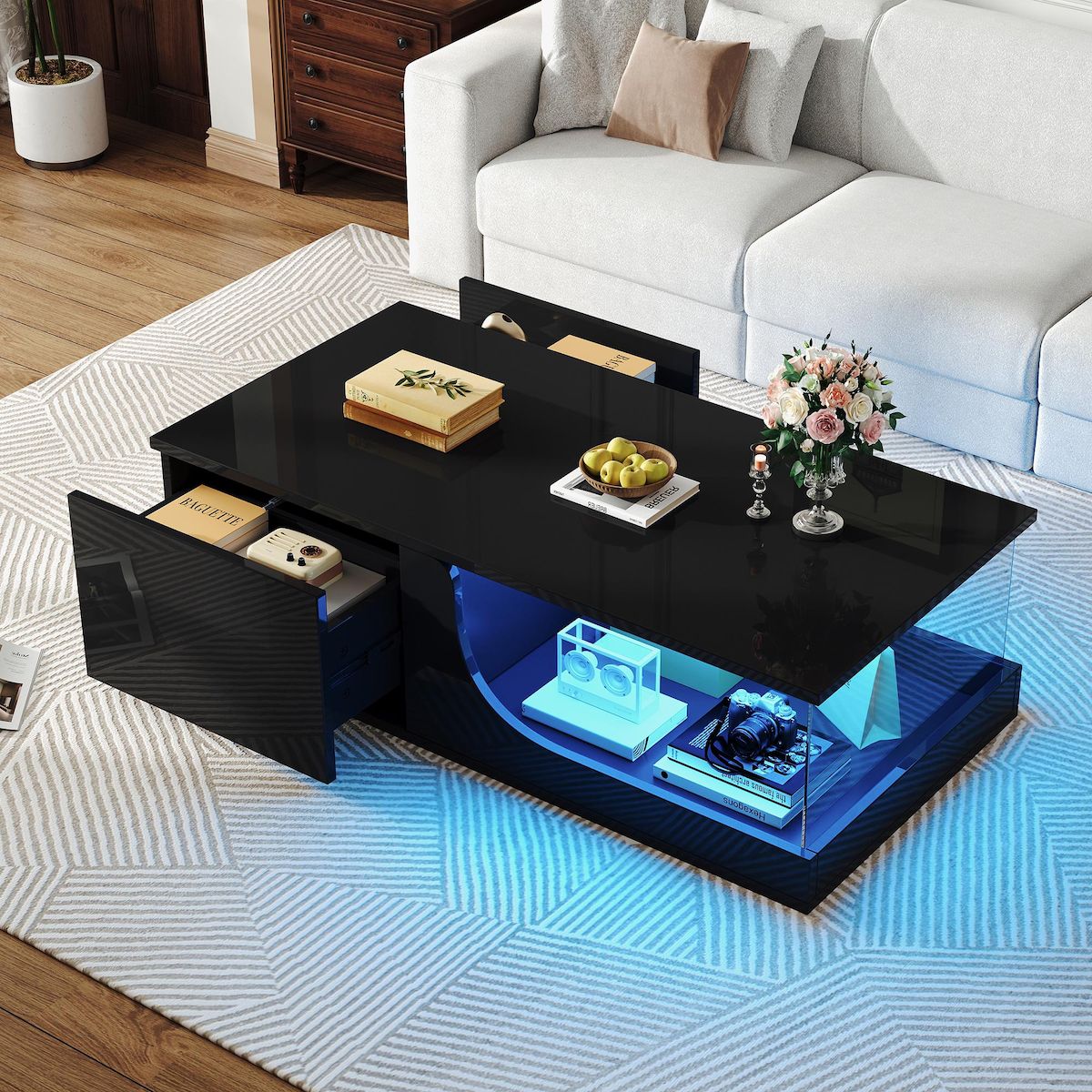 MERAX Table basse rectangulaire noir avec 2 tiroirs - 50x100 cm led mdf