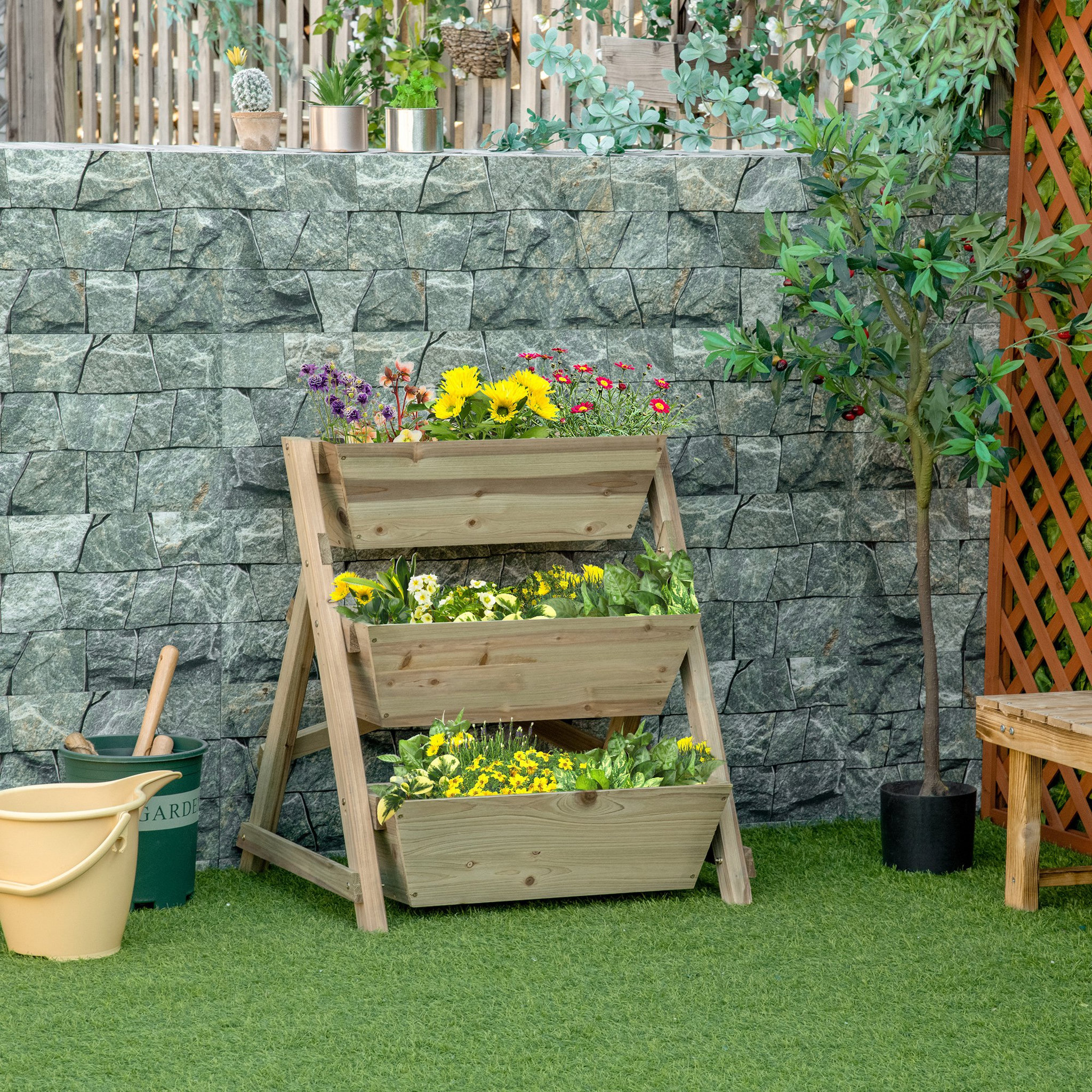 Voir la diapositive 2 : OUTSUNNY Jardinière sur pieds carré potager 3 étages dim. 71L x 61l x 77H cm inserts d'irrigation feutre de drainage bois sapin autoclave