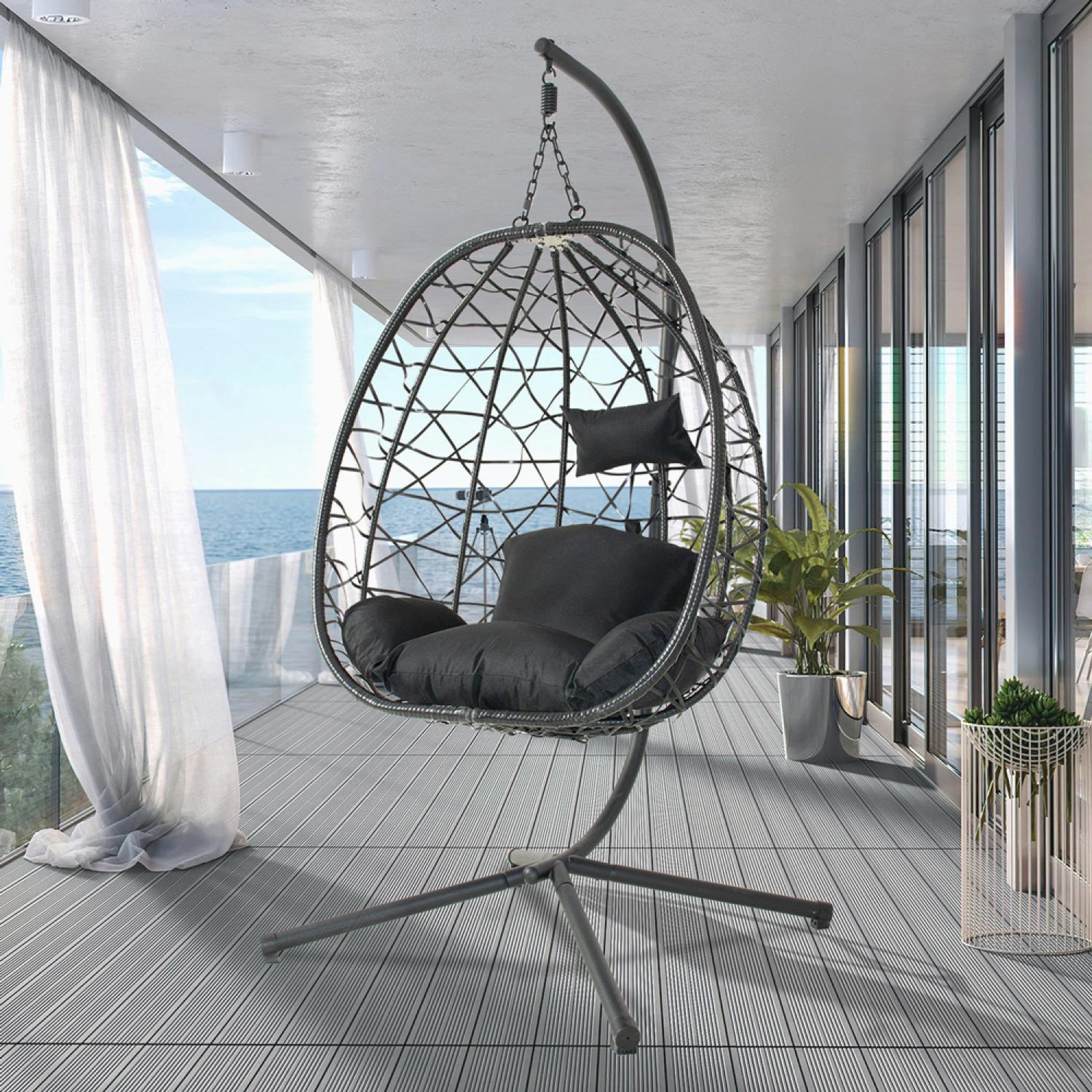 Voir la diapositive 3 : CONCEPT USINE Fauteuil suspendu effet rotin noir cuzco