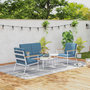 Voir la diapositive 2 : OUTSUNNY Salon de jardin 4 personnes 5 pièces 2 tables basses gigognes acier blanc accoudoirs effet bois coussins bleu