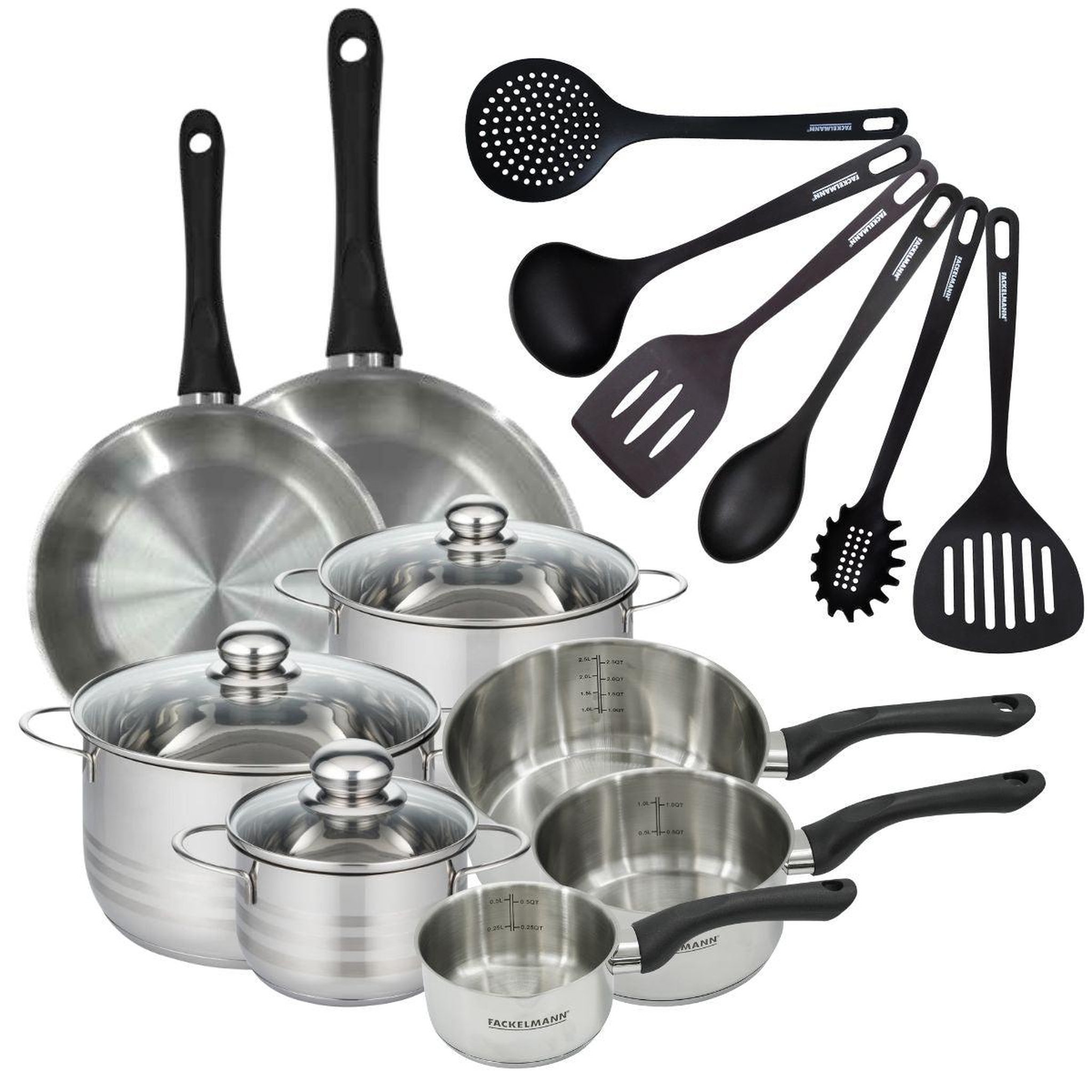 Fackelmann Batterie de 2 poêles 24/28 cm, 3 casseroles 12/16/20 cm, 3 faitouts 16/20/24 cm, 6 ustensiles fackelmann geneva