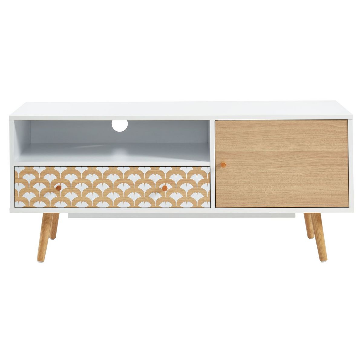 Meuble TV scandinave à imprimés - 1 porte 1 tiroir - décor bois et blanc - L115cm OHIO