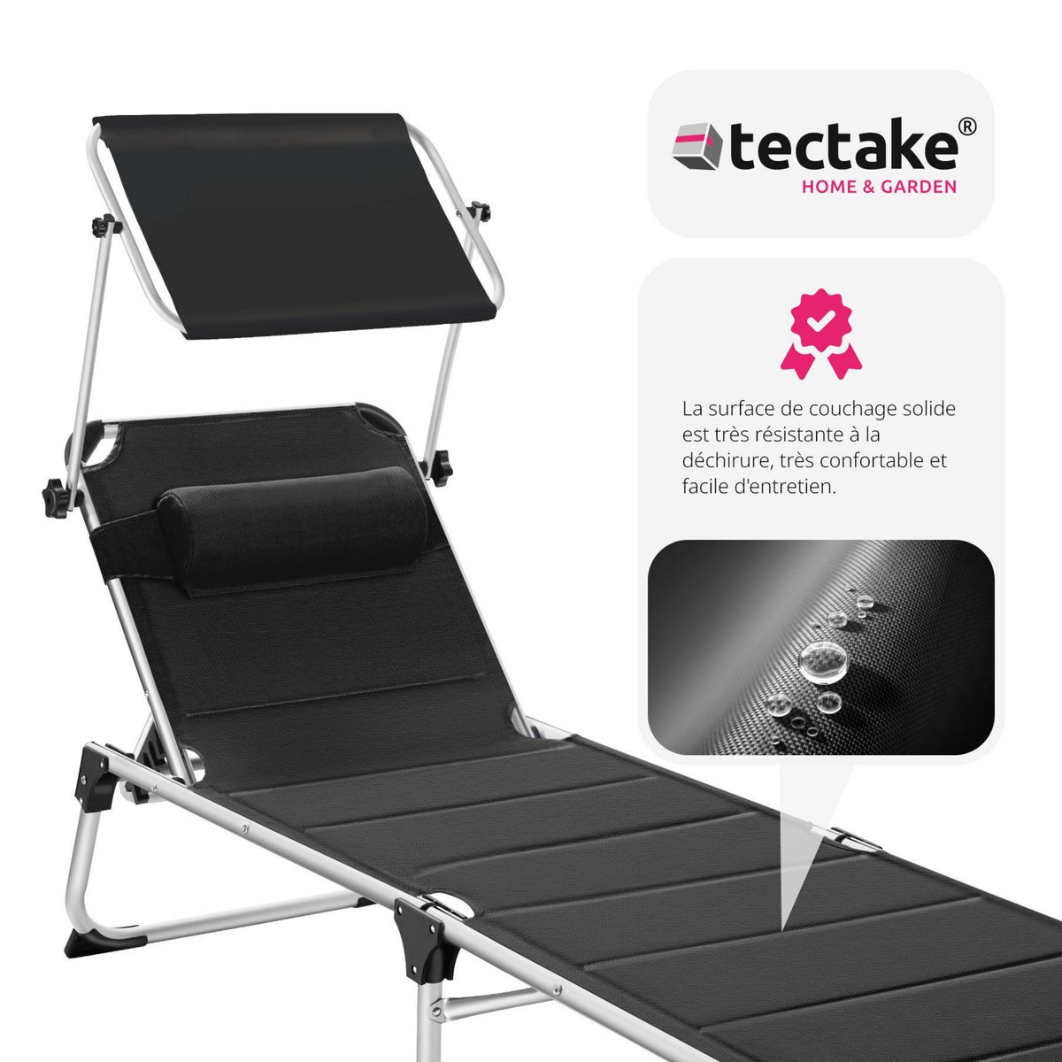 tectake Bain de soleil Transat Chaise longue Rembourrage épais, Pliable noir
