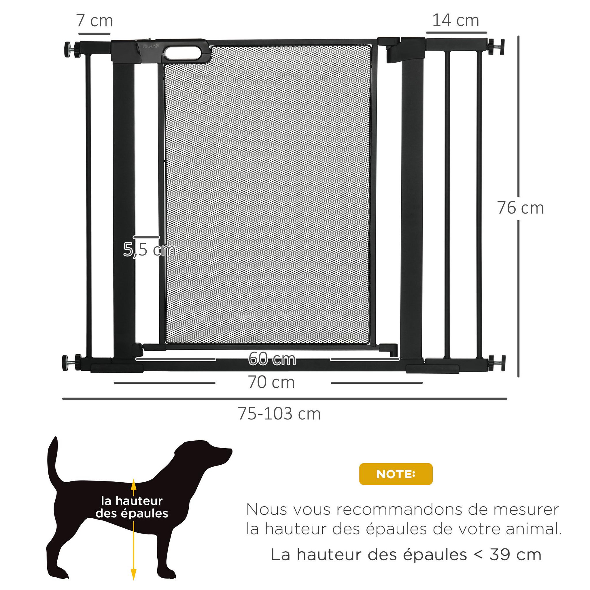 Voir la diapositive 3 : PAWHUT Barrière de sécurité animaux - longueur réglable dim. 75-103 cm - porte double verrouillage, ouverture double sens -sans perçage - acier abs noir