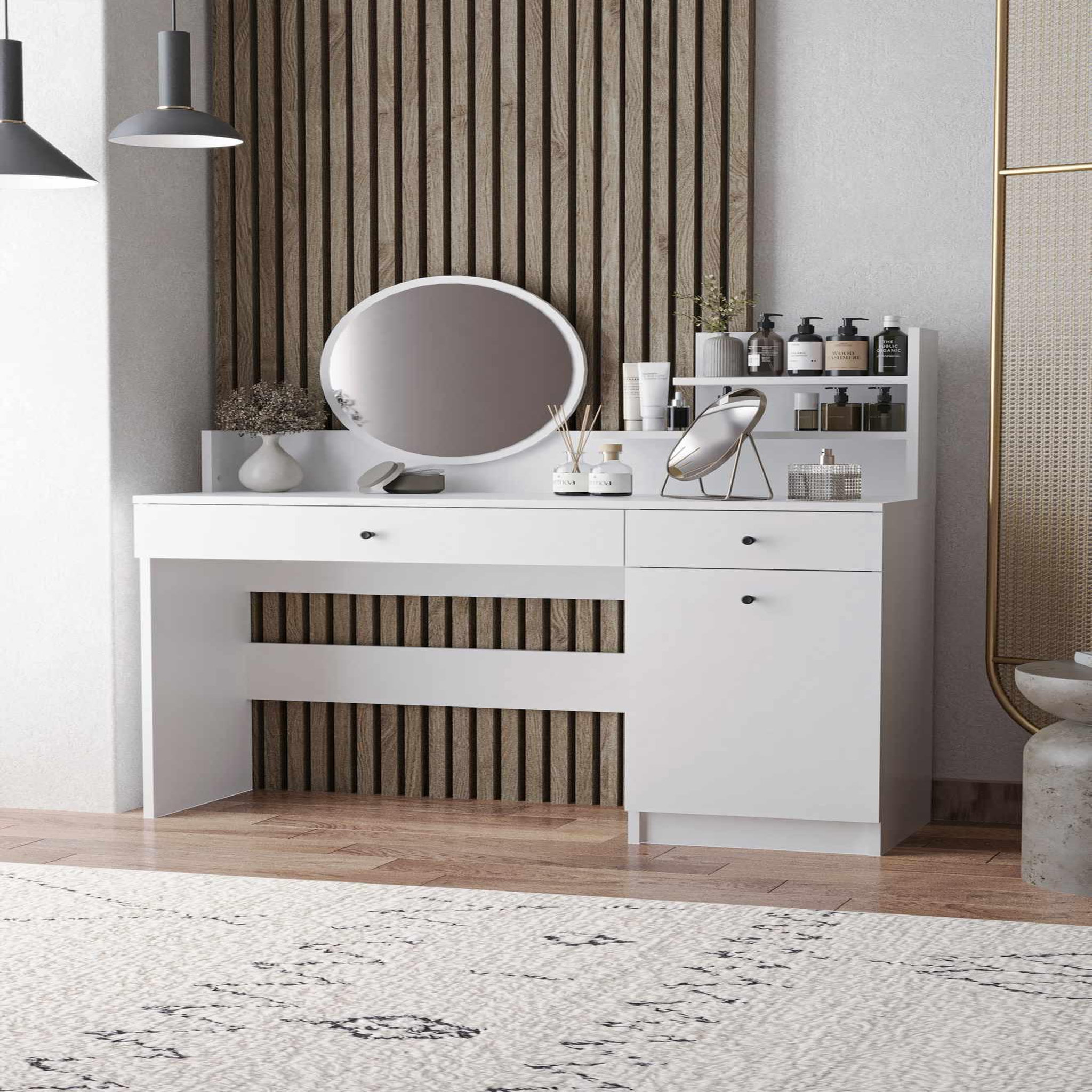 Voir la diapositive 3 : Habitat et Jardin Coiffeuse avec miroir rond en bois  harmony round  - 124 x 40 x 135 cm - blanc