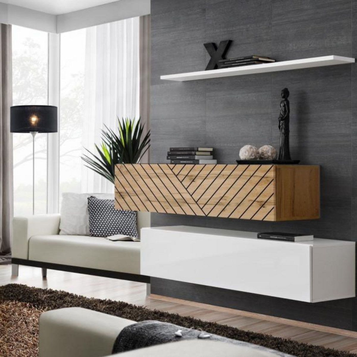 Paris Prix Lot de 2 Bancs Muraux & Étagère  Switch SBII  130cm Blanc & Naturel Rainuré