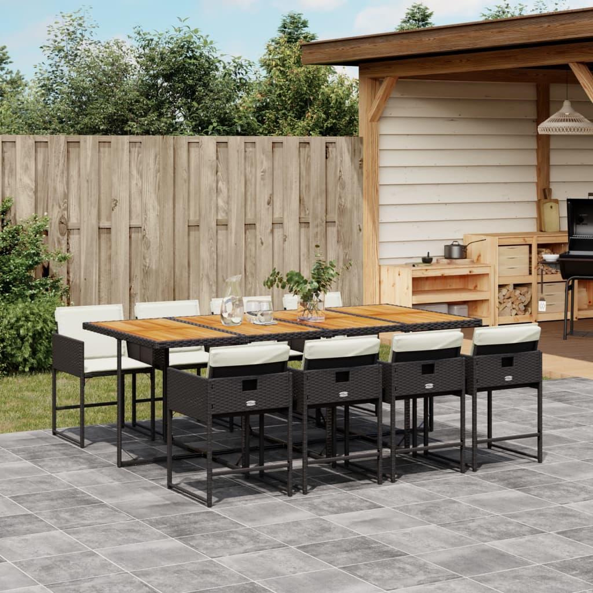 VIDAXL Ensemble a manger de jardin 9pcs coussins noir resine tressee