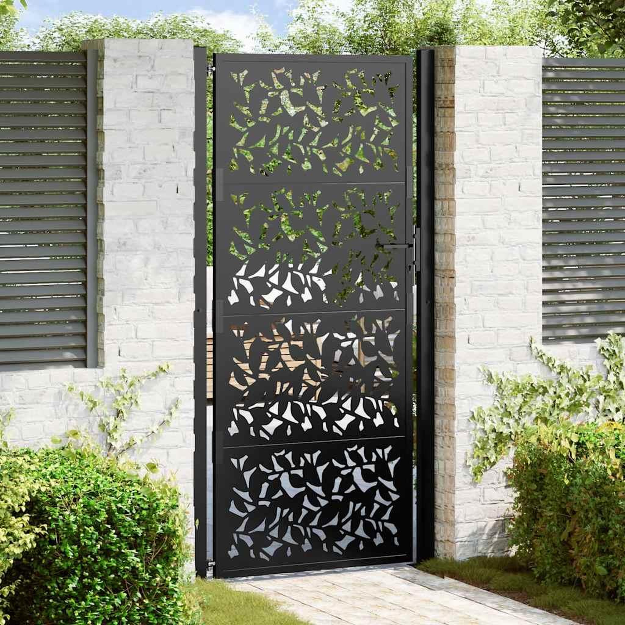 VIDAXL Portail de jardin noir 105x205 cm acier conception de feuilles
