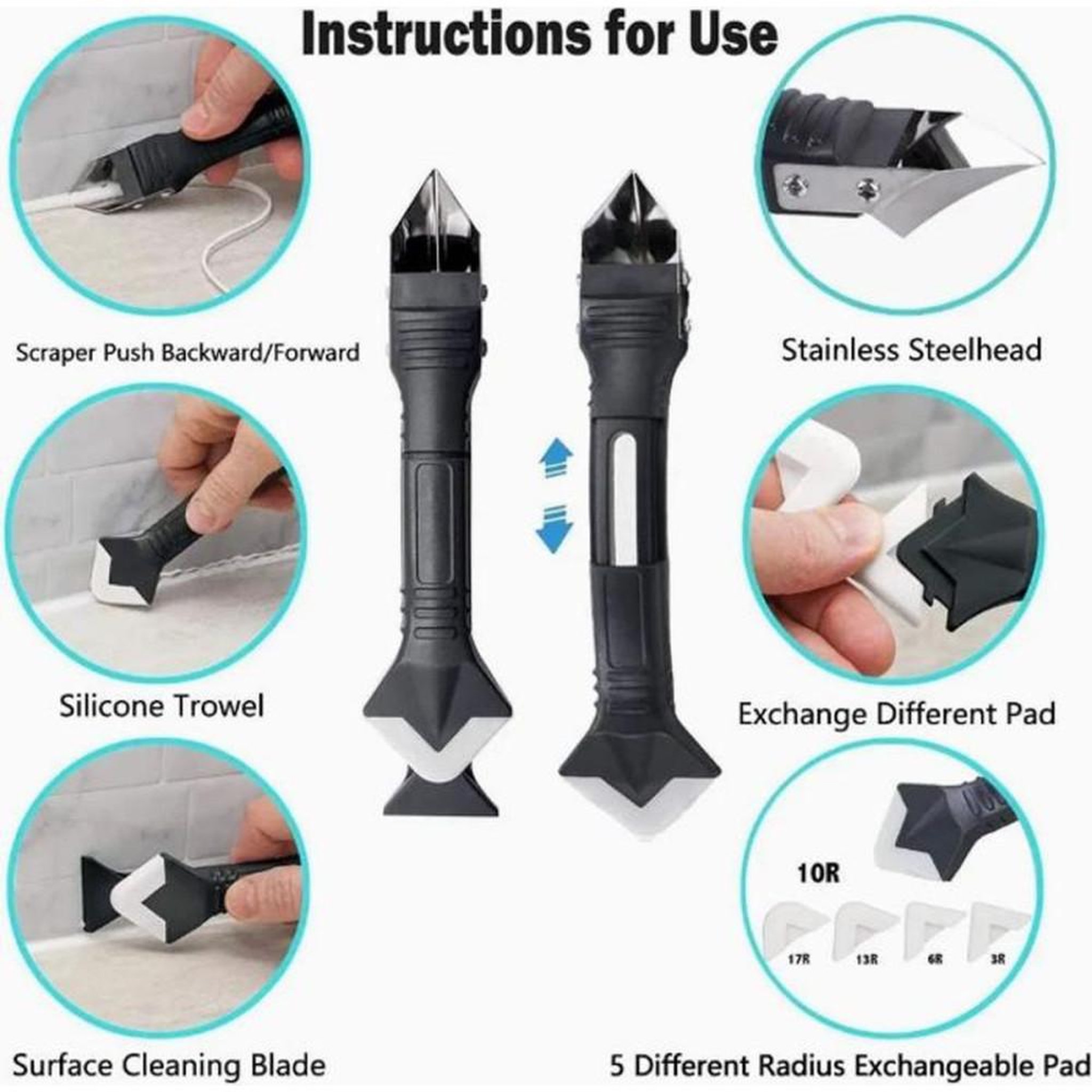 Voir la diapositive 3 : Kit outil 3-en-1 pour joints silicone : grattoir en acier inox, lisseur silicone et 5 patins interchangeables (3R, 6R, 10R, 13R, 17R)
