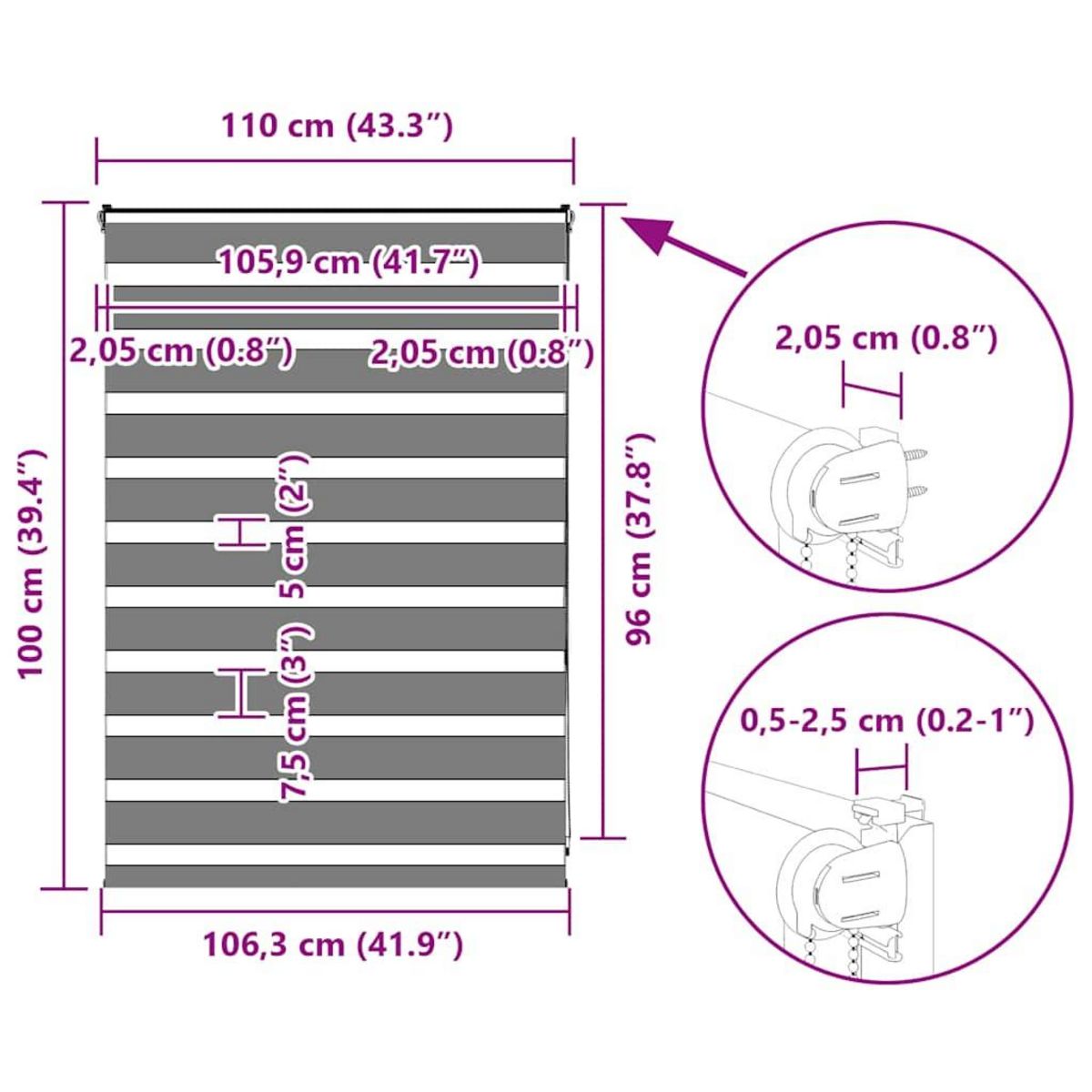 VIDAXL Store zebre gris fonce largeur du tissu 105,9 cm polyester