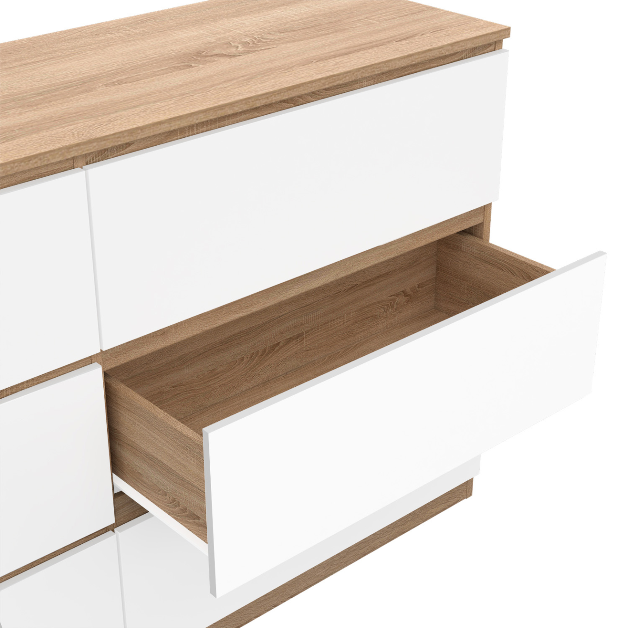 Voir la diapositive 6 : ID MARKET Commode 6 tiroirs tomi xxl 140 cm bois façon hêtre et blanc