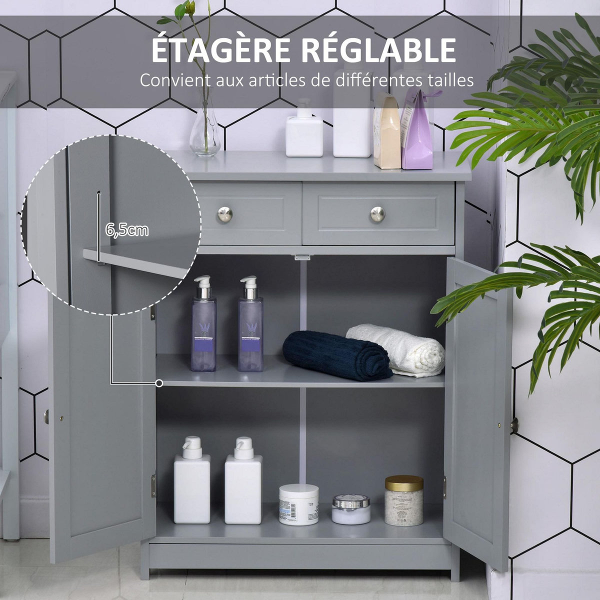 KLEANKIN Meuble bas de salle de bain sur pied 2 portes avec étagère réglable 2 tiroirs poignées boutons métal MDF gris