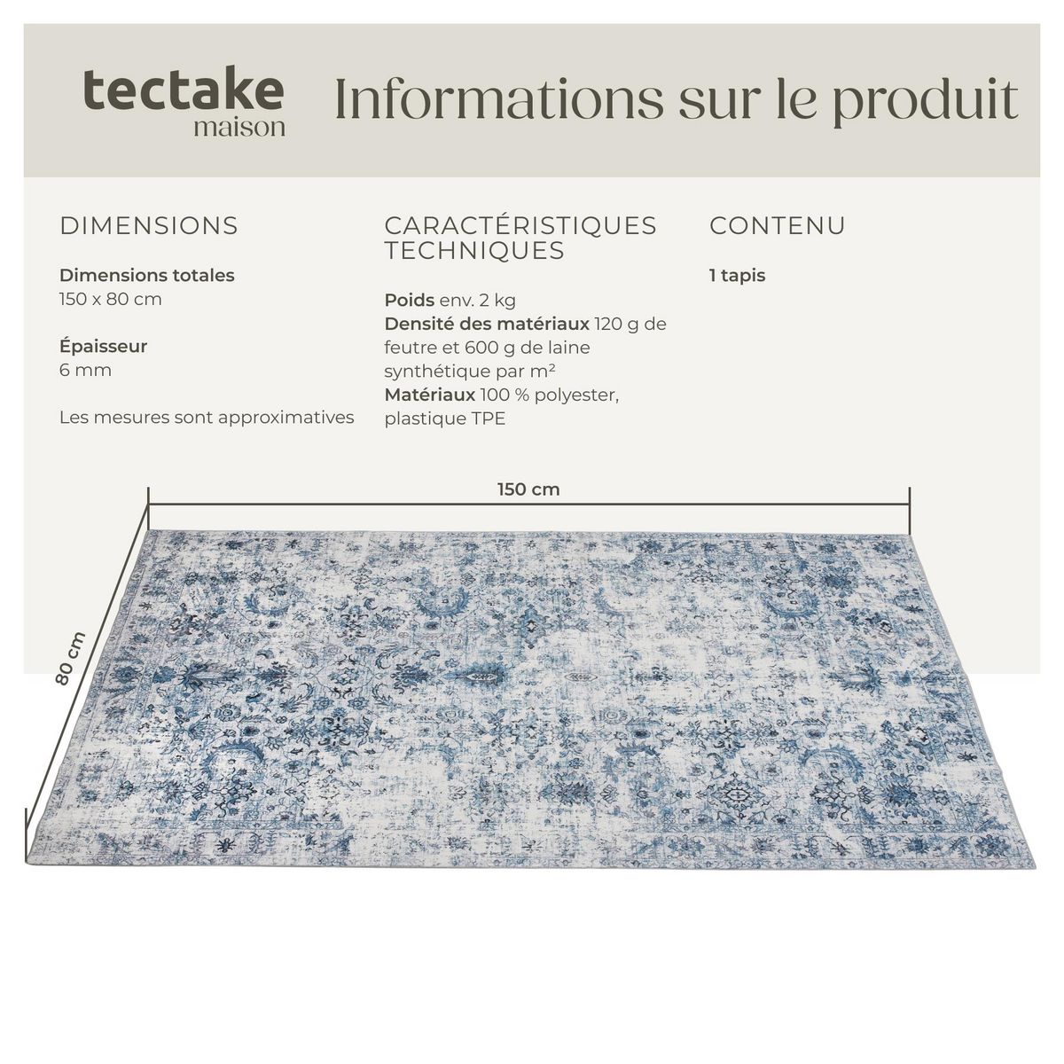 tectake Tapis vintage design à poils courts en laine synthétique et feutre bleu 80 x 150 cm