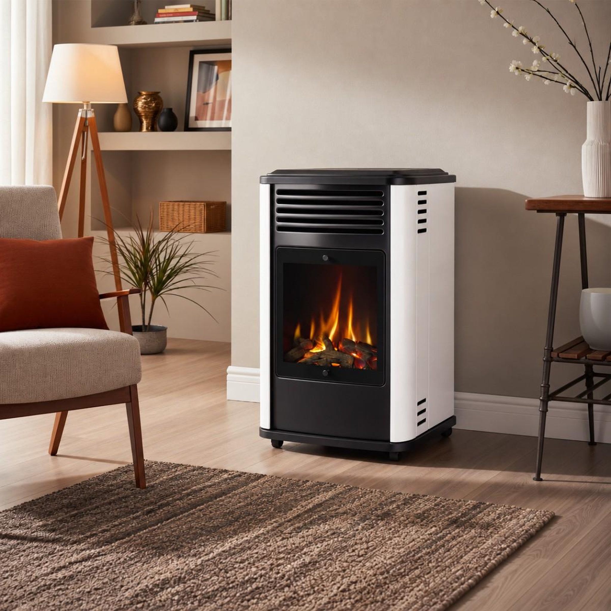 Voir la diapositive 2 : SAHARA Poele à gaz 3.4KW Blanc et noir Chauffage d'appoint effet Feu Manhattan Sahara