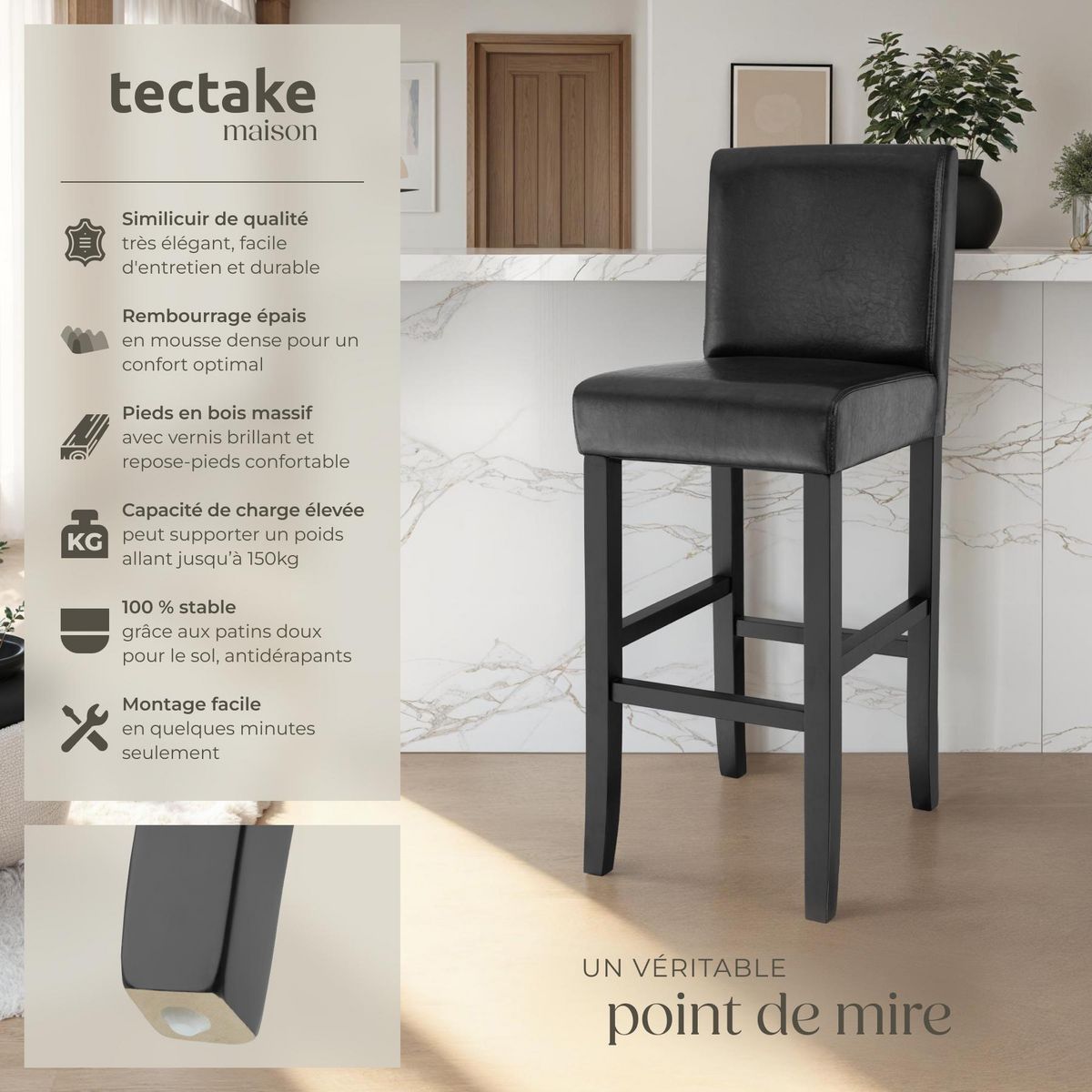 tectake Tabouret de bar rembourré avec dossier noir lot de 2