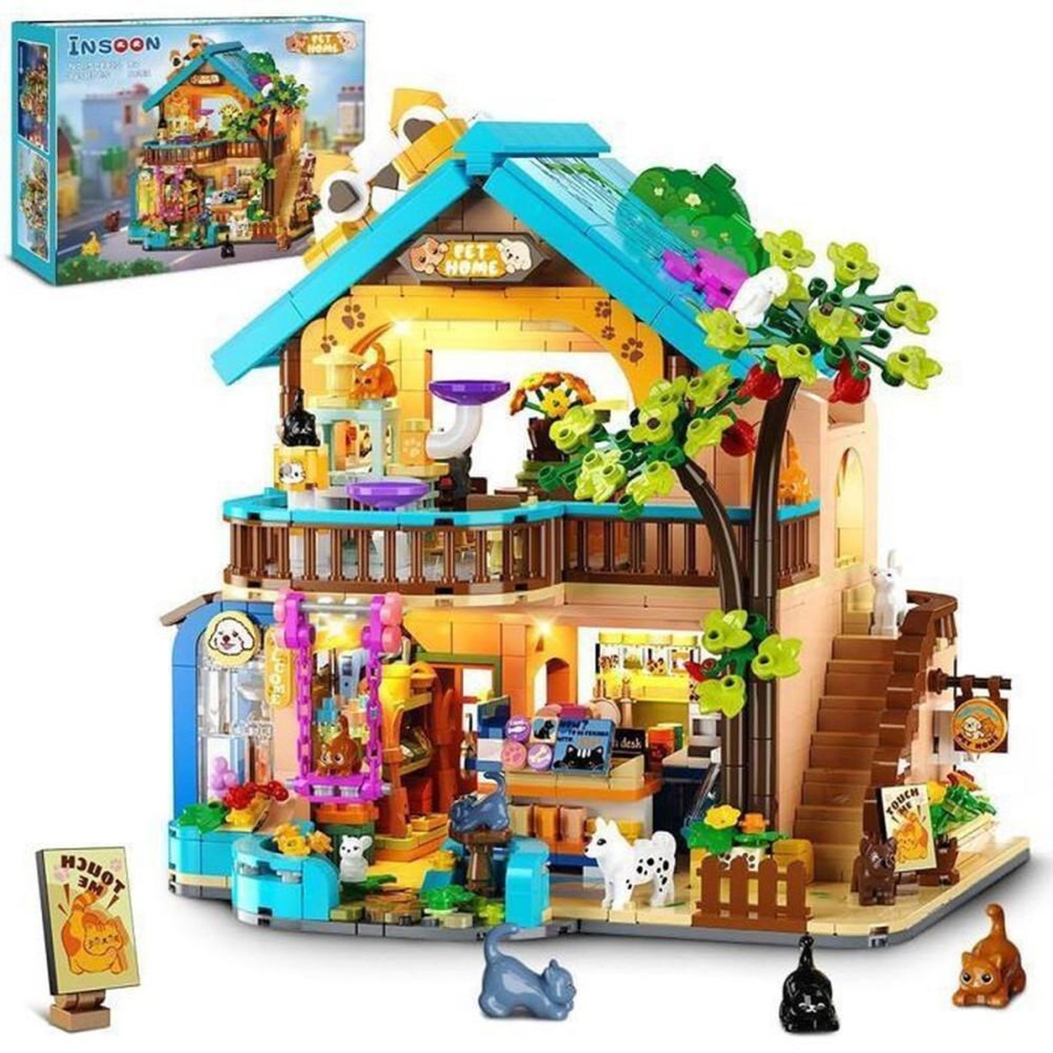 Kit de construction 3D Maison pour animaux de compagnie, immeuble animalier à 2 étages, 1425 pièces ABS, éclairage LED chaud intégré