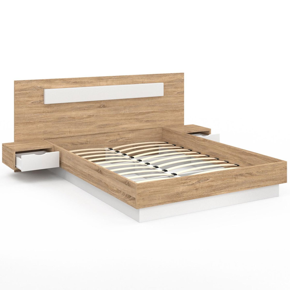 ID MARKET Lit double SANTA avec tête de lit + tables de chevet intégrées et sommier 140 x 190 cm bois et blanc