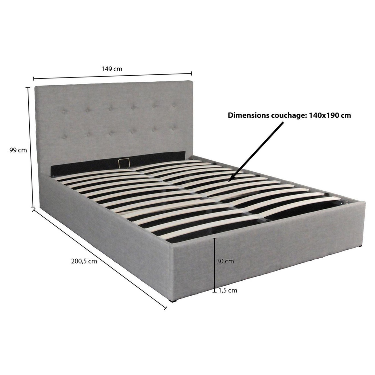 Lit coffre avec tête de lit capitonnée, livré avec sommier 140x190 CM CATANE