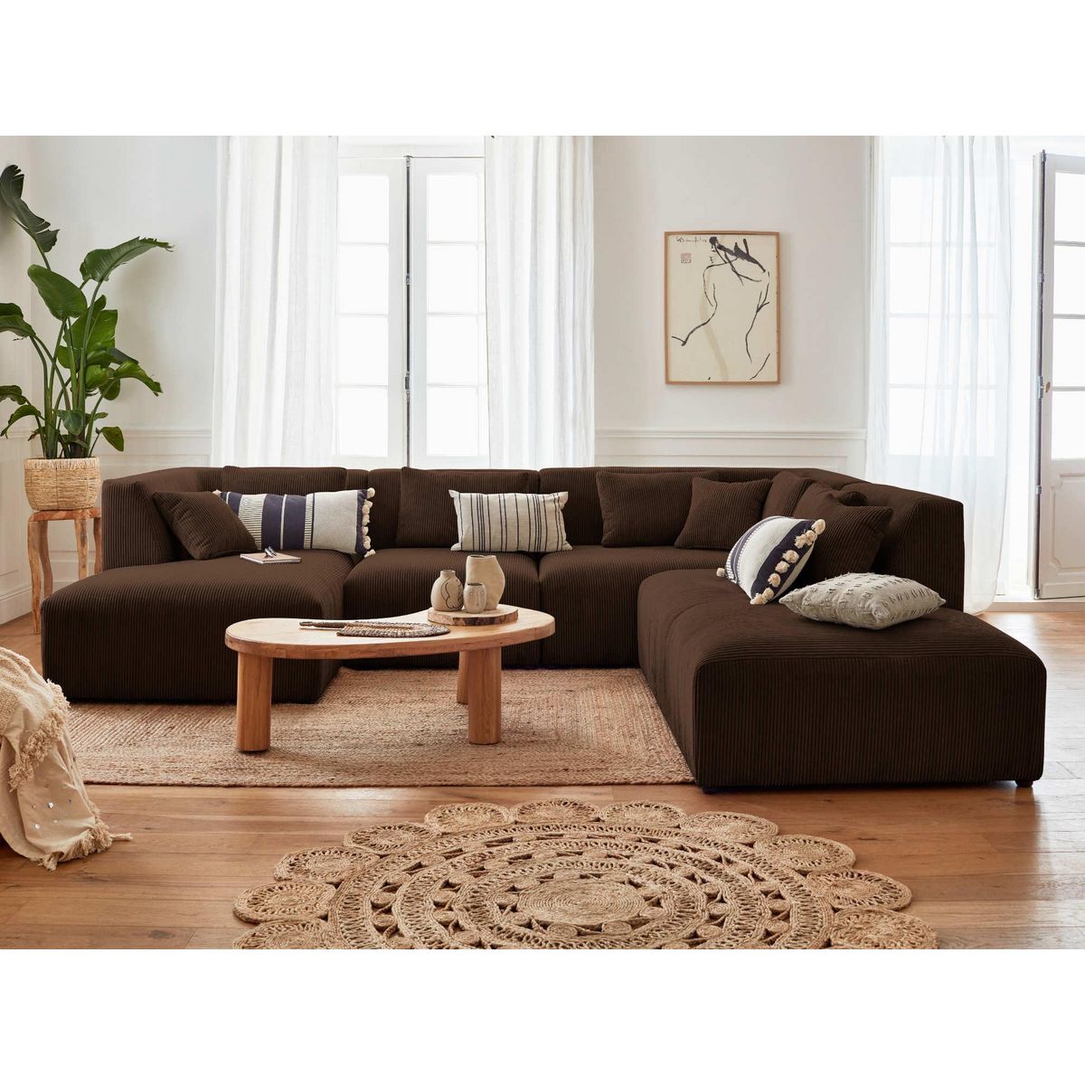 LISA DESIGN Victoire - canapé modulable panoramique d'angle droit - 7 places - en velours côtelé