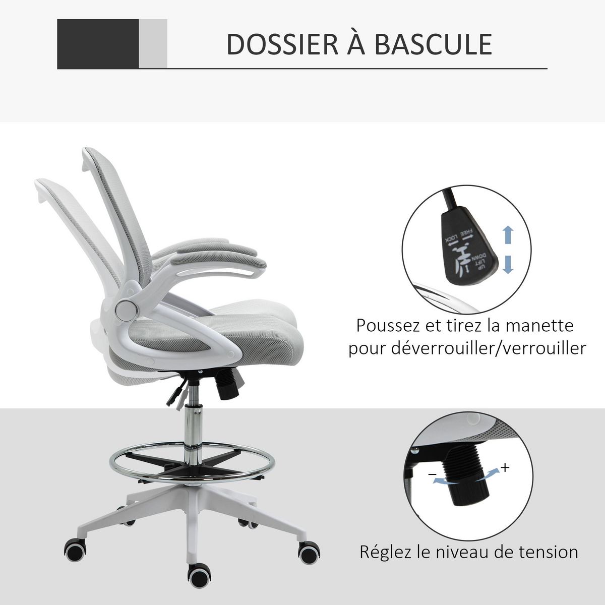 HOMCOM Fauteuil de bureau chaise de bureau assise haute réglable dim. 64L x 60l x 106-126H cm pivotant 360° maille respirante gris